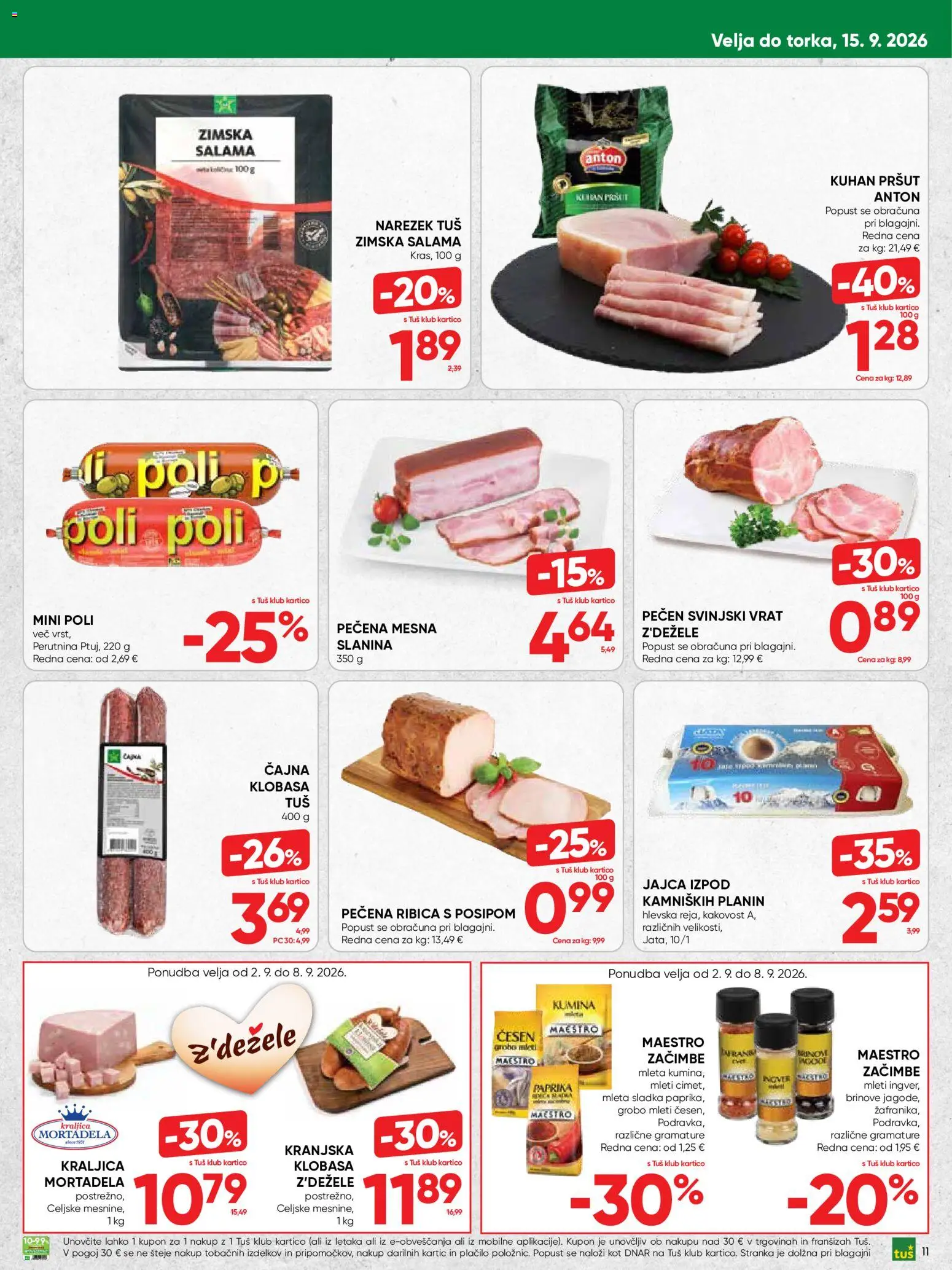 Novi Tuš katalog ponudbe – veljaven od 02.09.2026 | Stran: 11 | Izdelki: Pršut, Mortadela, Paprika, Jajca