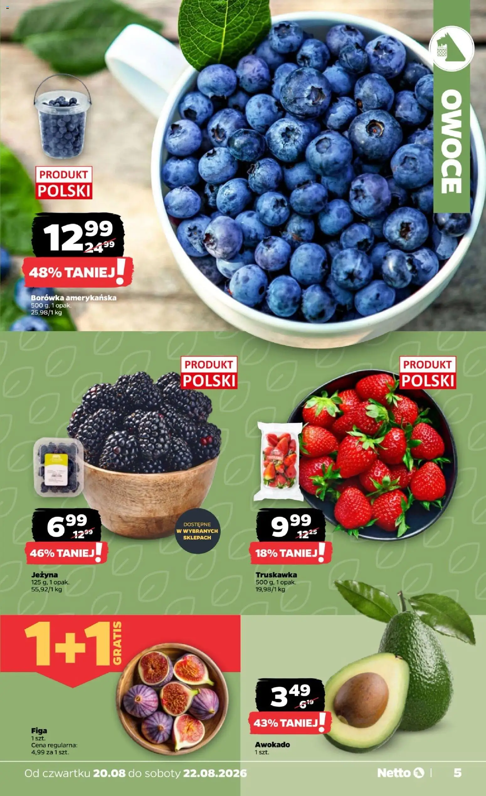 Netto gazetka od czwartku od 20.08.2026 | Strona: 5 | Produkty: Borówka amerykańska, Awokado, Owoce