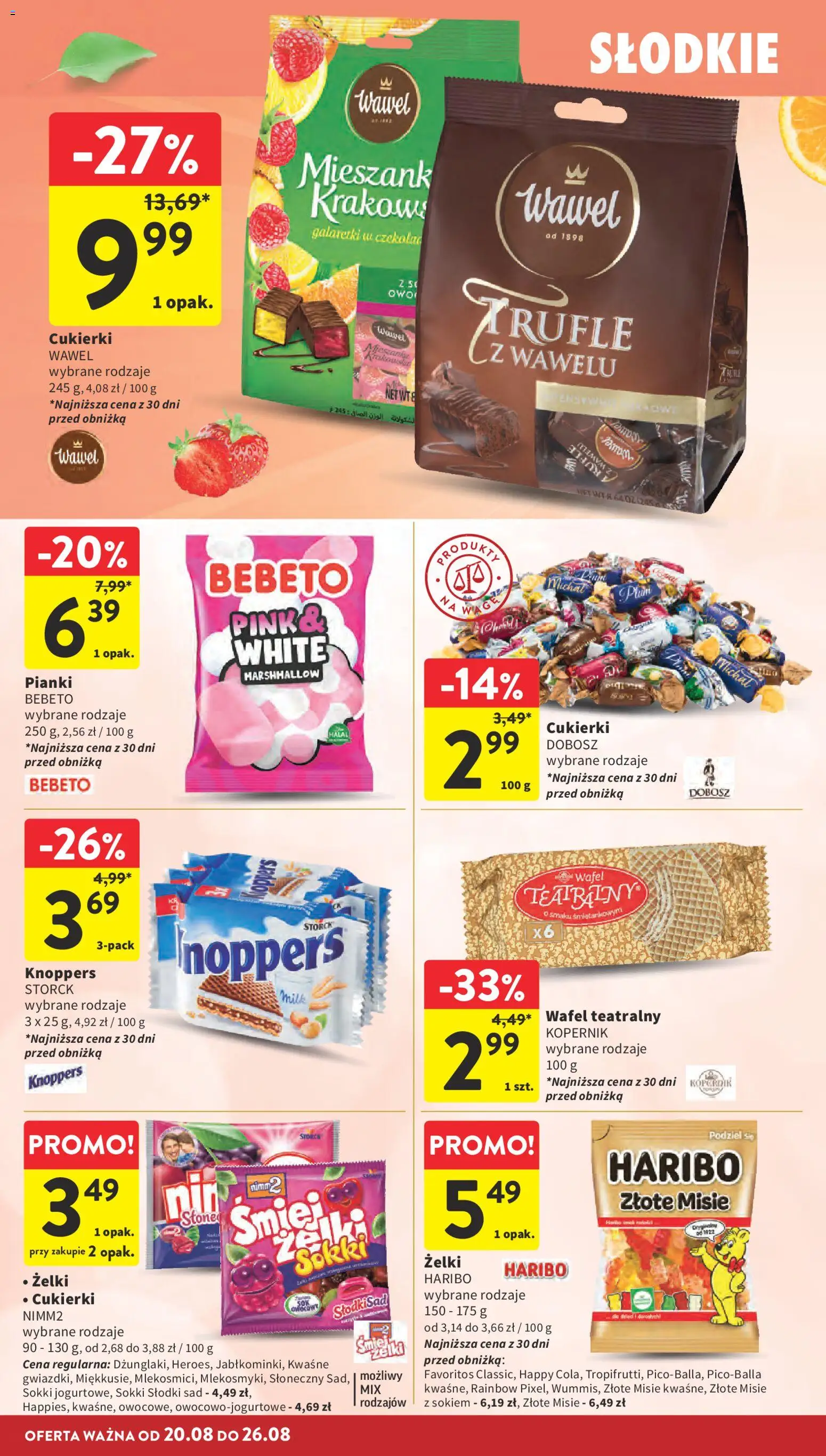 Intermarche gazetka od 20.08.2026 | Strona: 28 | Produkty: Knoppers, Pianki marshmallow, Żelki, Cukierki