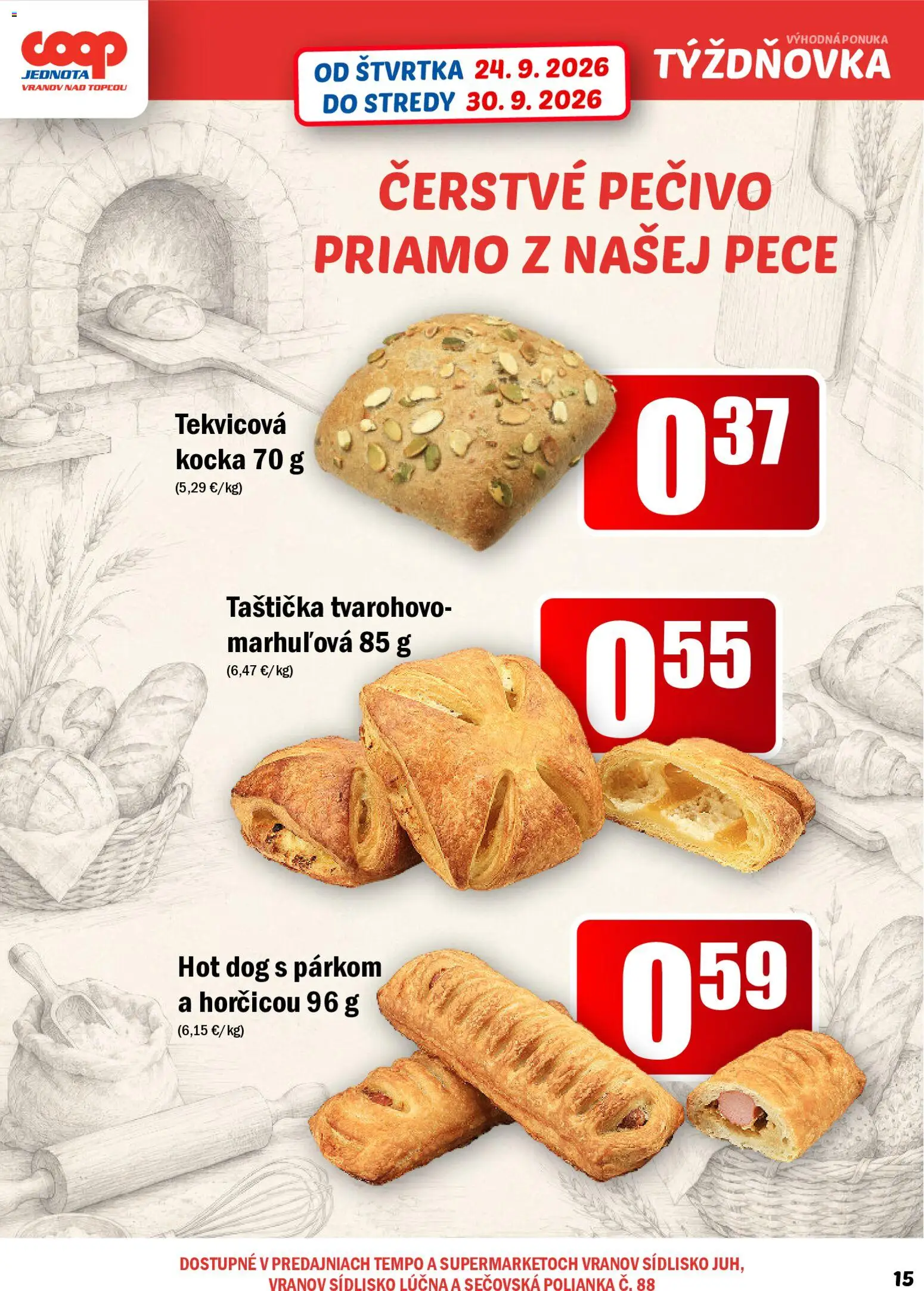 Nové COOP Jednota akcie – leták je platný od 24.09.2026 | Strana: 15 | Produkty: Pečivo