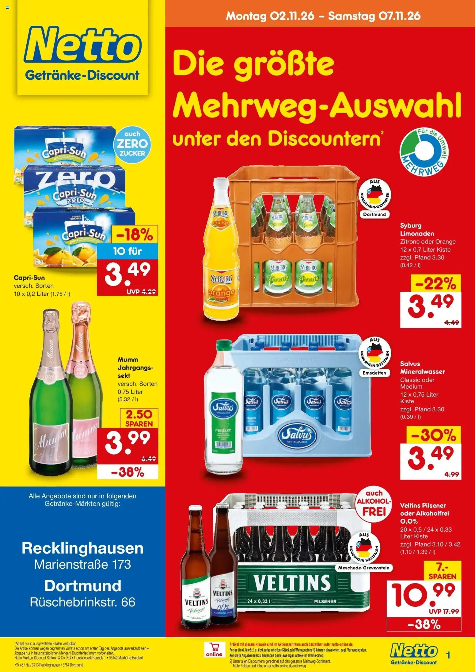 Netto Marken-Discount Prospekt Dortmund – gültig ab 02.11.2026 | Seite: 1 | Produkte: Mineralwasser, Alkohol, Zucker, Veltins
