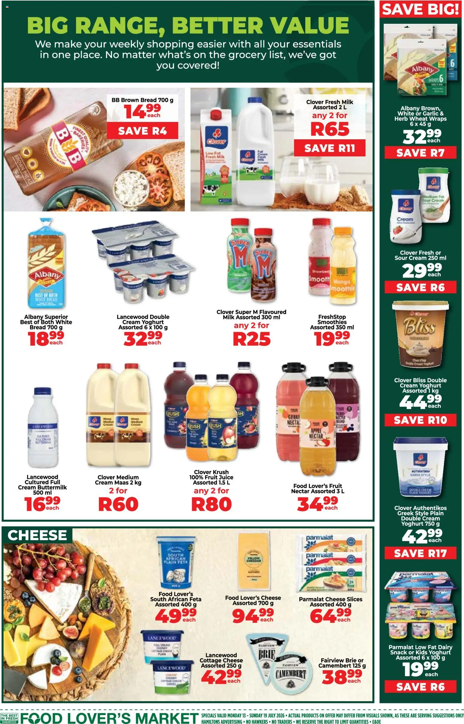 New Food Lover's Market catalogue – valid from 13/07/2026 | Page: 4 | Products: Milk, Bread, Cream, Fruit