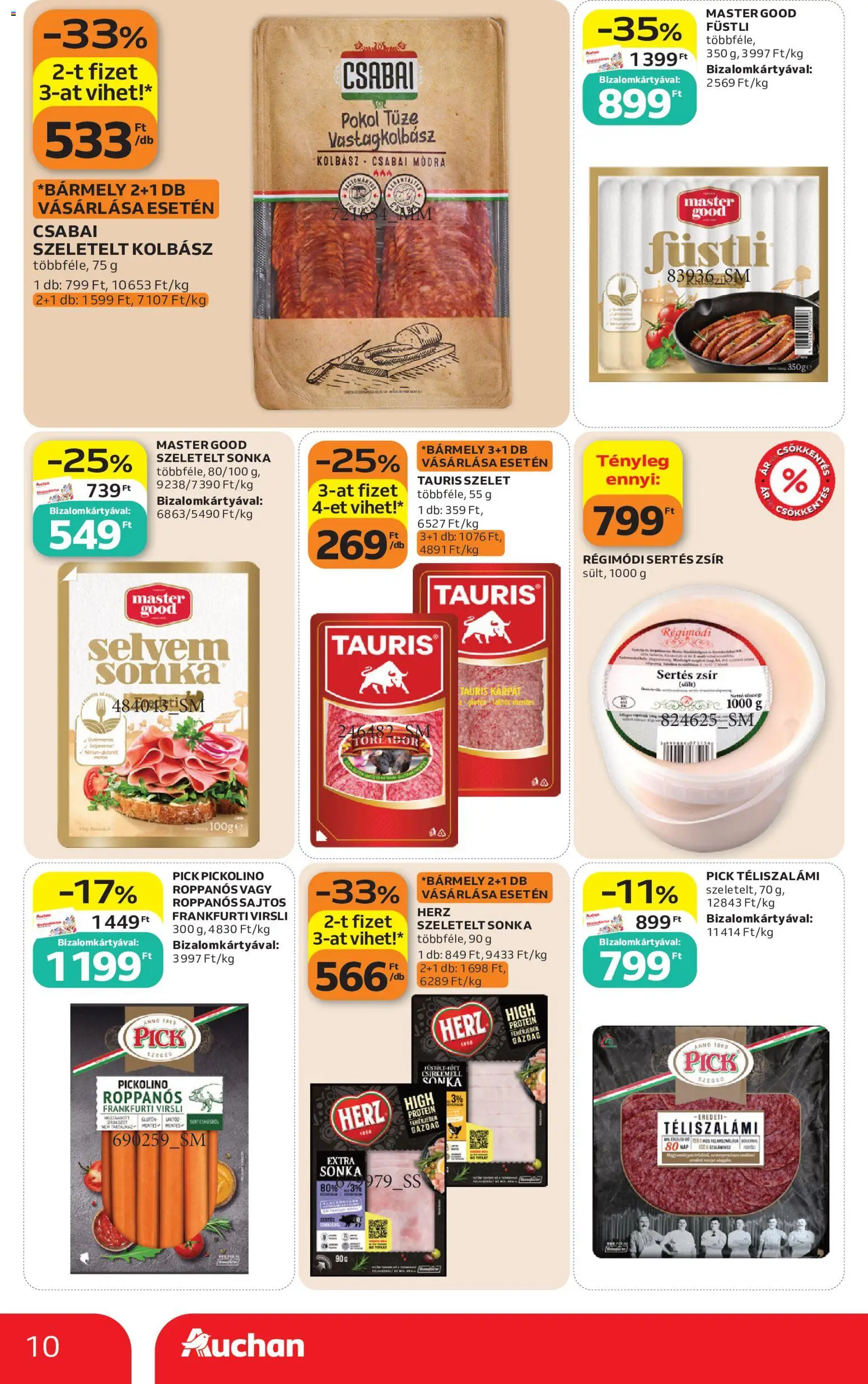 Auchan akciós ujság - amely érvényes a következő dátumtól: 11.06.2026 | Oldal: 10 | Termékek: Virsli, Pick téliszalámi, Protein, Téliszalámi