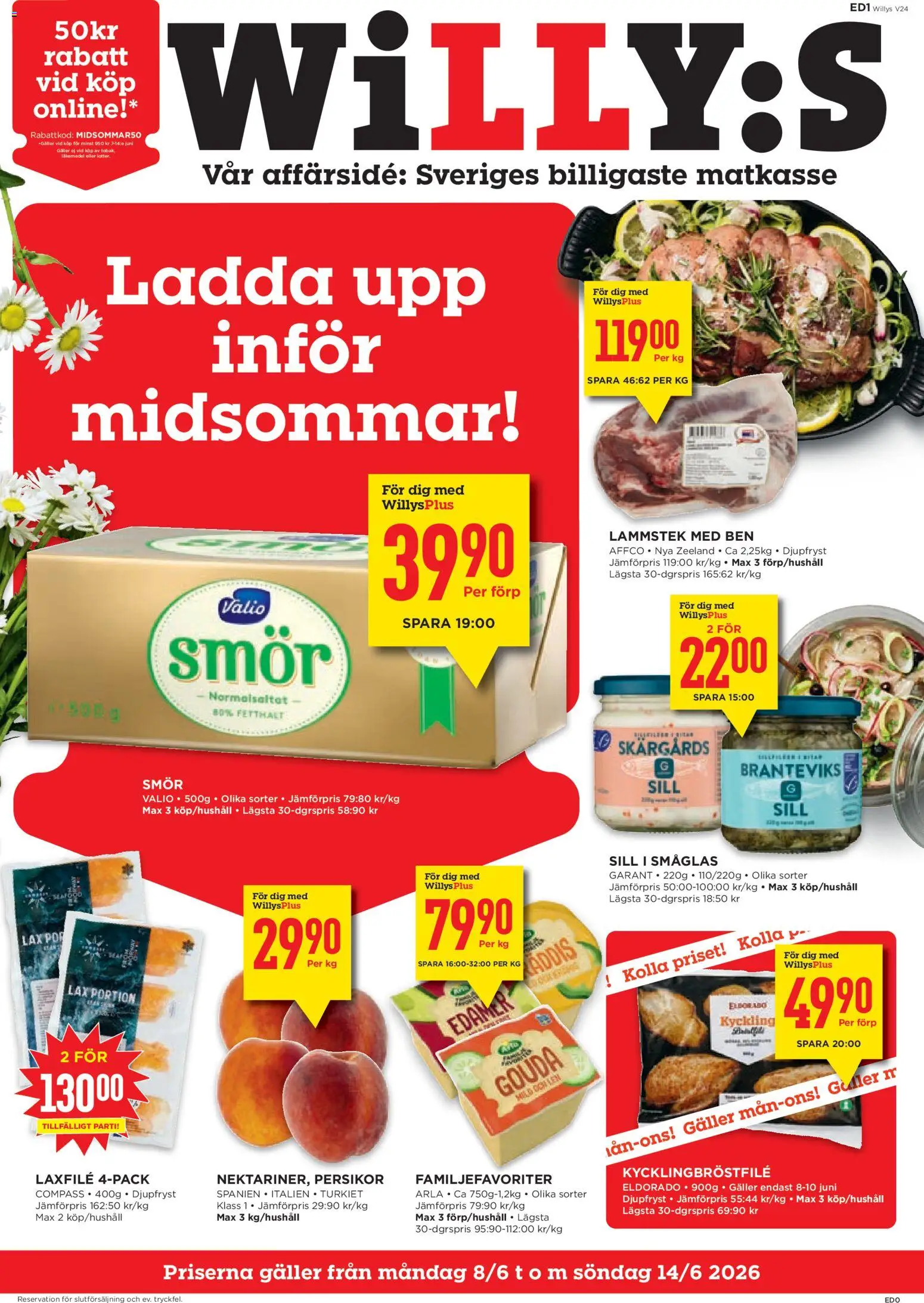 Willys reklamblad aktuell från 08.06.2026 | Sida: 1 | Produkter: Galler, Sill, Lax, Smör