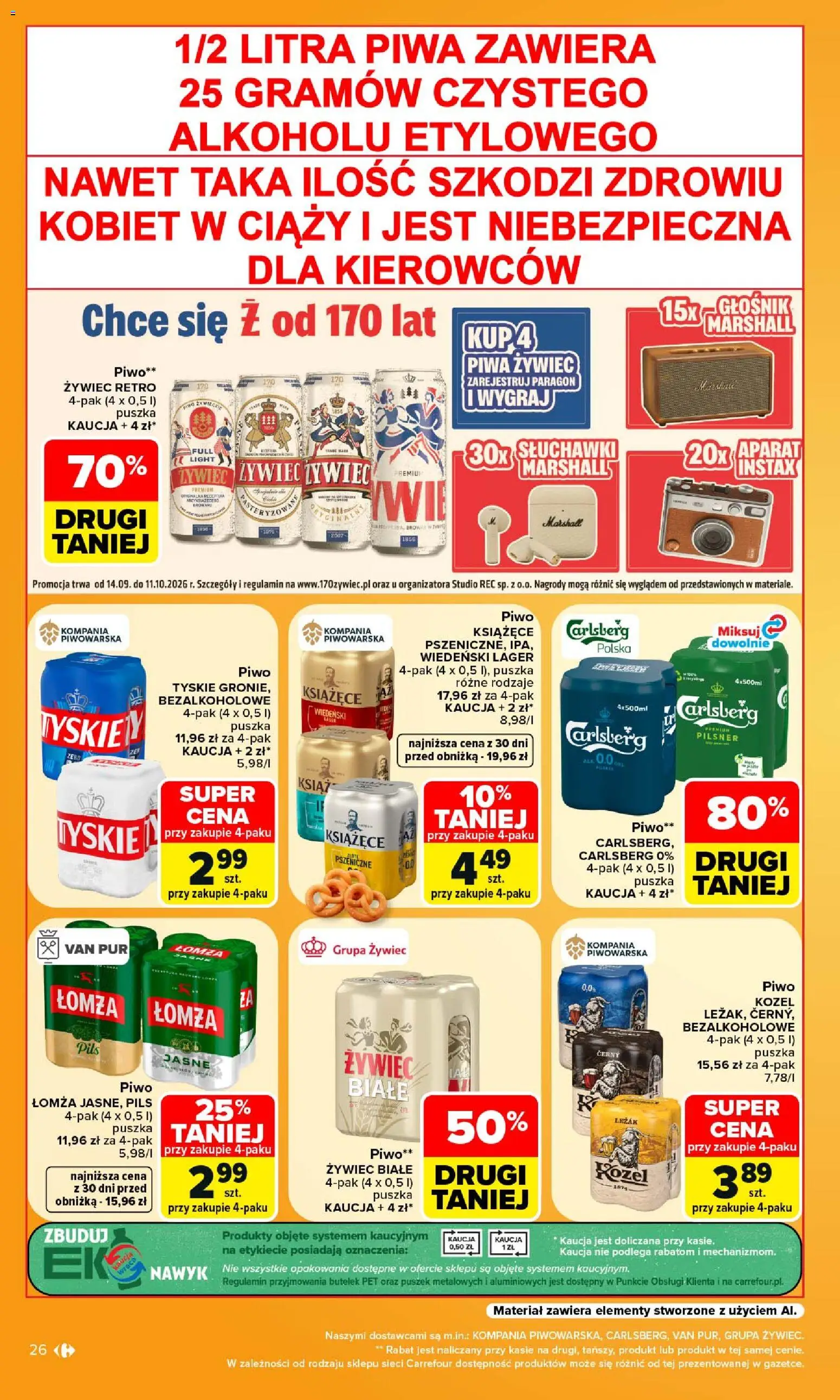 Carrefour gazetka od 14.09.2026 | Strona: 28 | Produkty: Słuchawki, Leżak, Puszka tyskie, Piwo