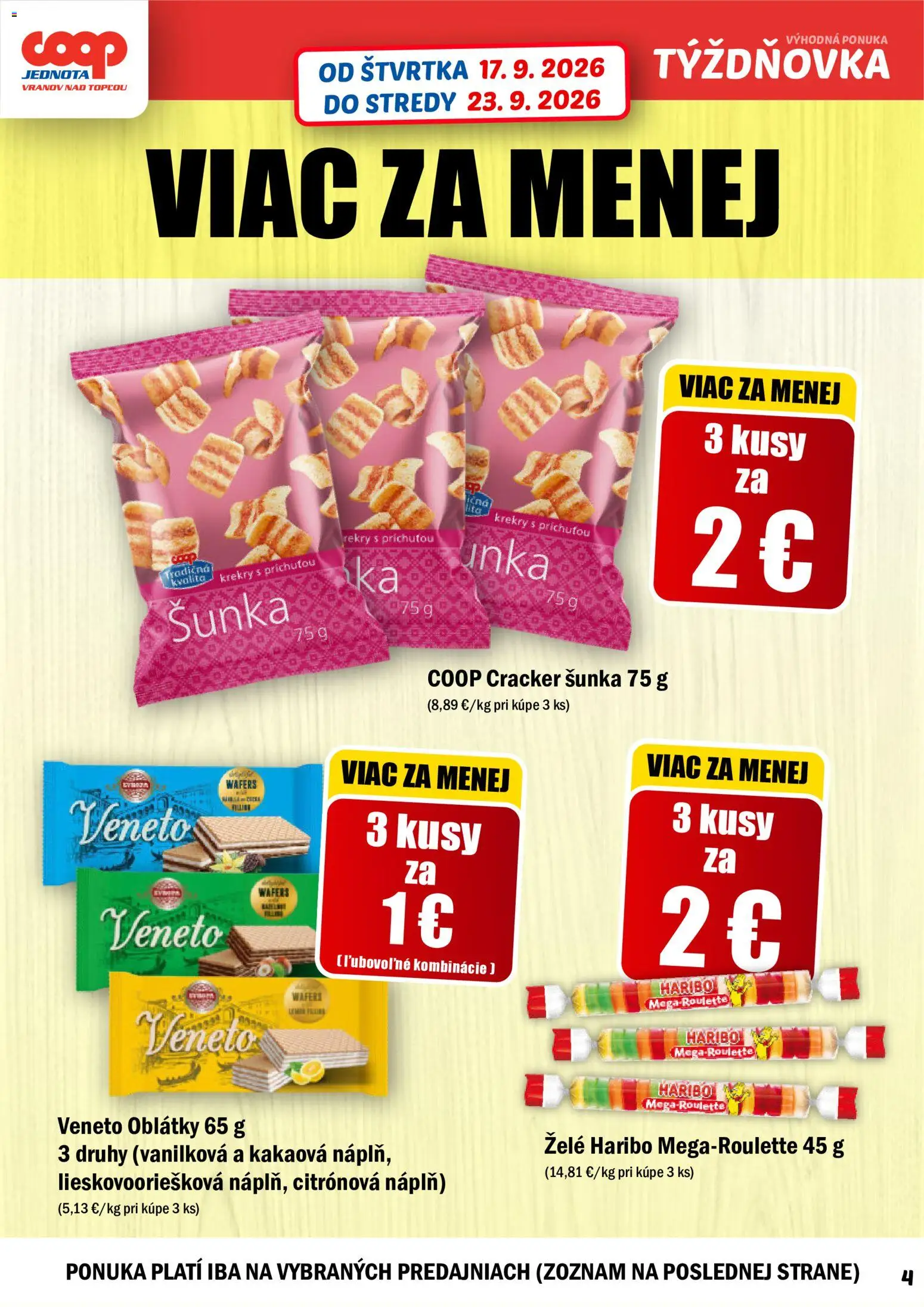 Nové COOP Jednota akcie – leták je platný od 17.09.2026 | Strana: 4 | Produkty: Šunka, Krekry, Oblátky