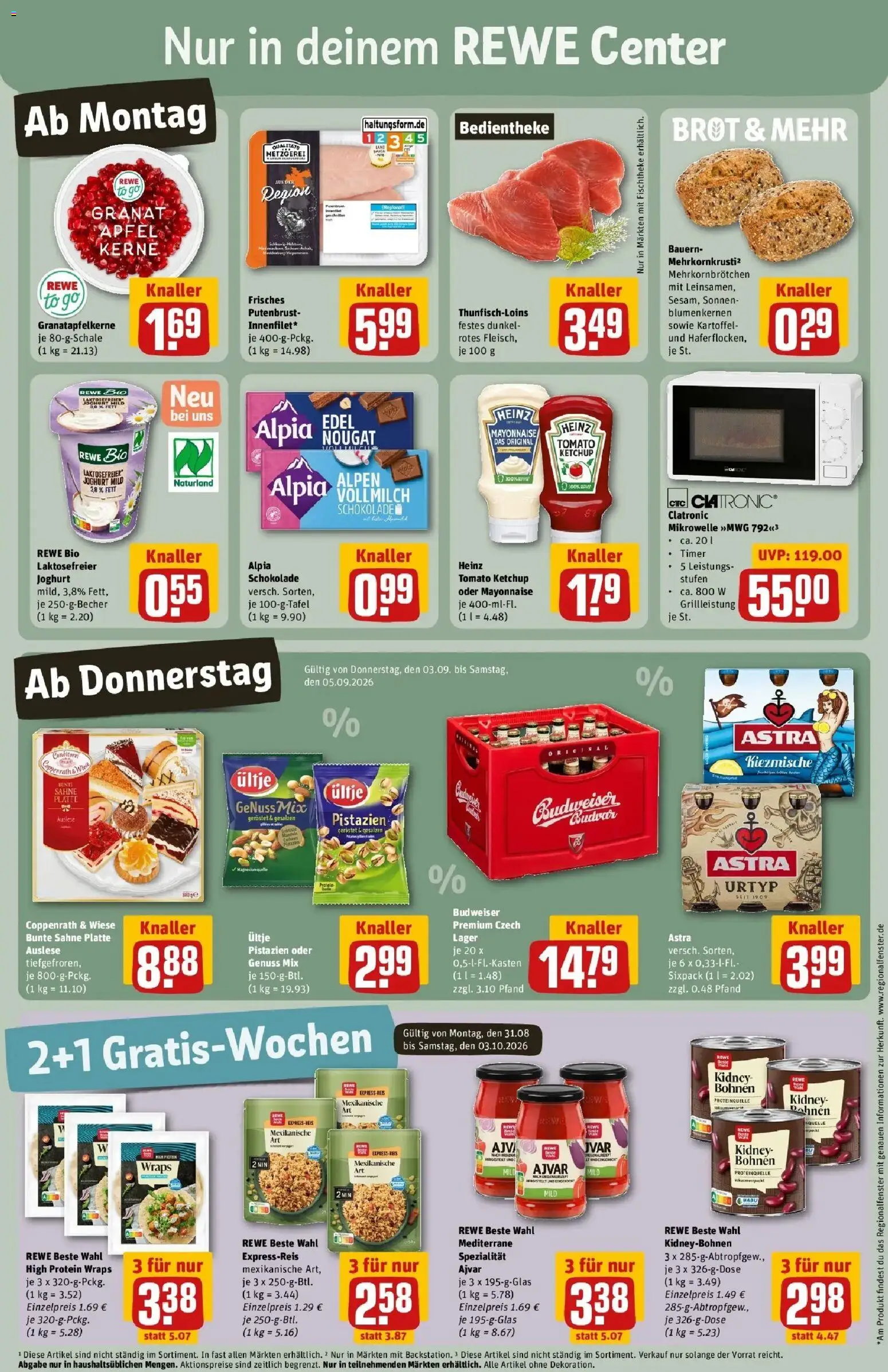 REWE Prospekt ab 31.08.2026 zum Blättern » Angebote | Seite: 3 | Produkte: Mikrowelle, Astra, Brot, Sahne