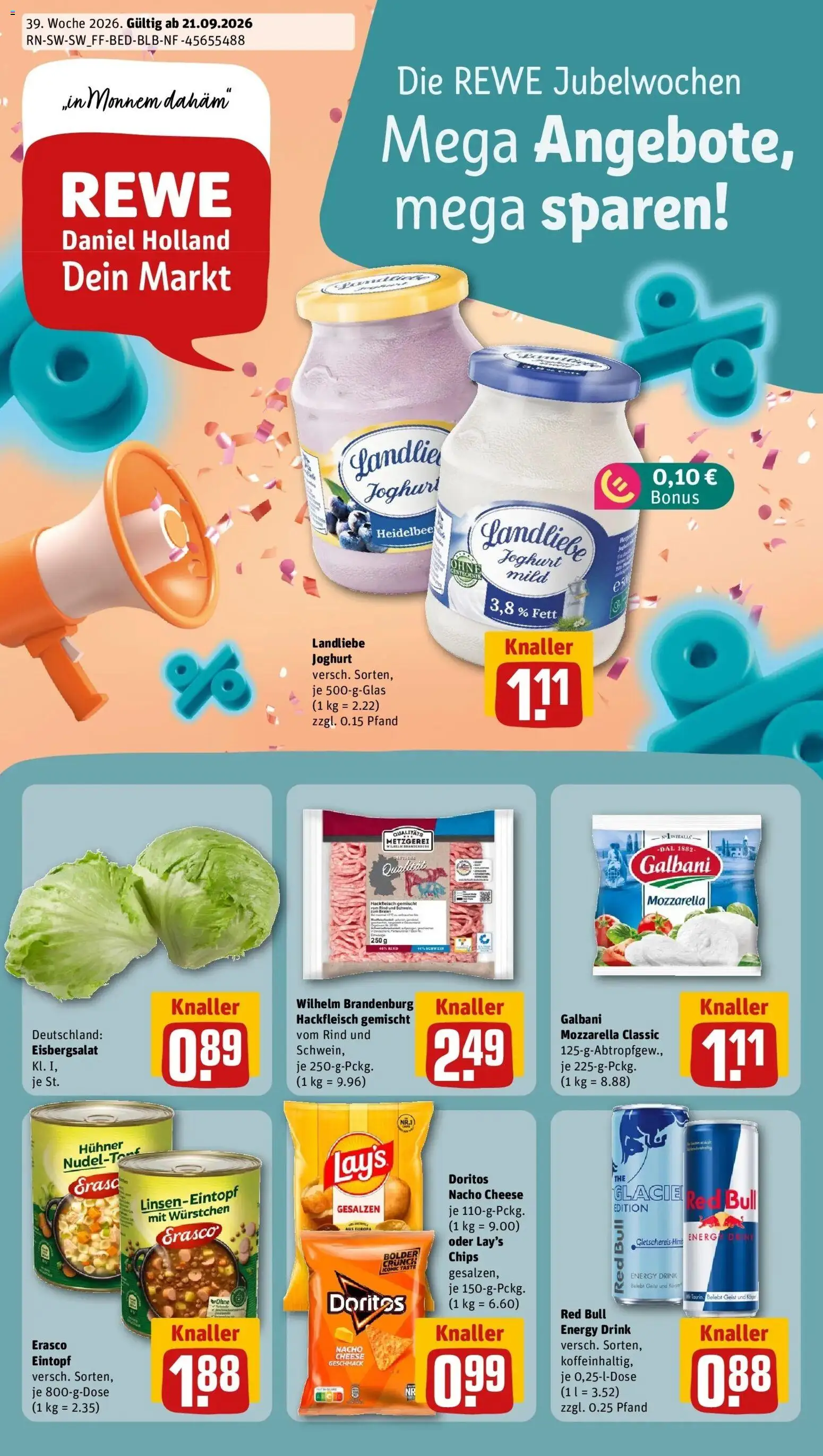 REWE Prospekt ab 21.09.2026 zum Blättern » Angebote | Seite: 1 | Produkte: Energy, Joghurt, Chips, Hackfleisch