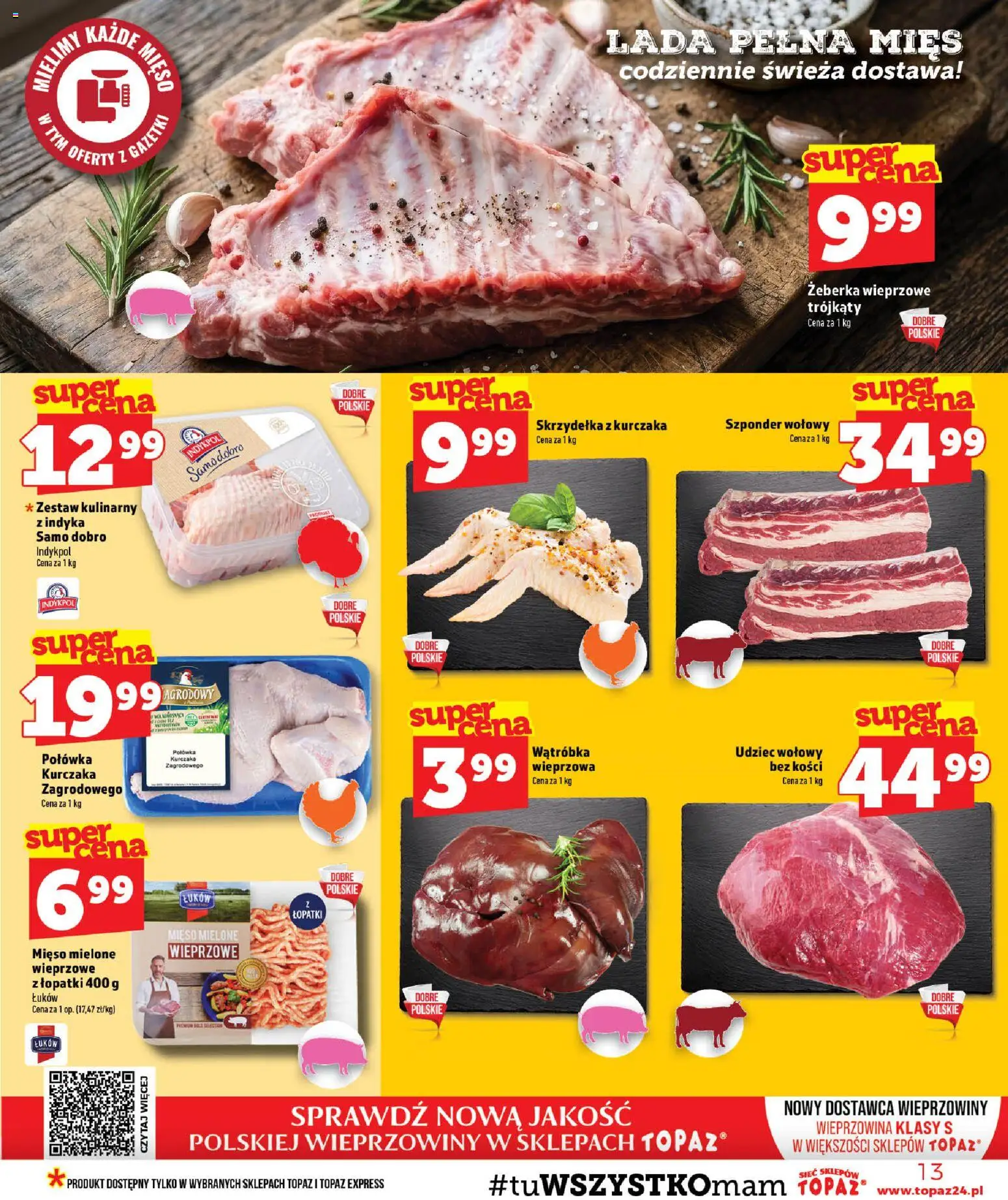 Topaz gazetka - MAZ od 23.07.2026 | Strona: 13 | Produkty: Skrzydełka z kurczaka, Wątróbka, Mięso mielone, Wieprzowina