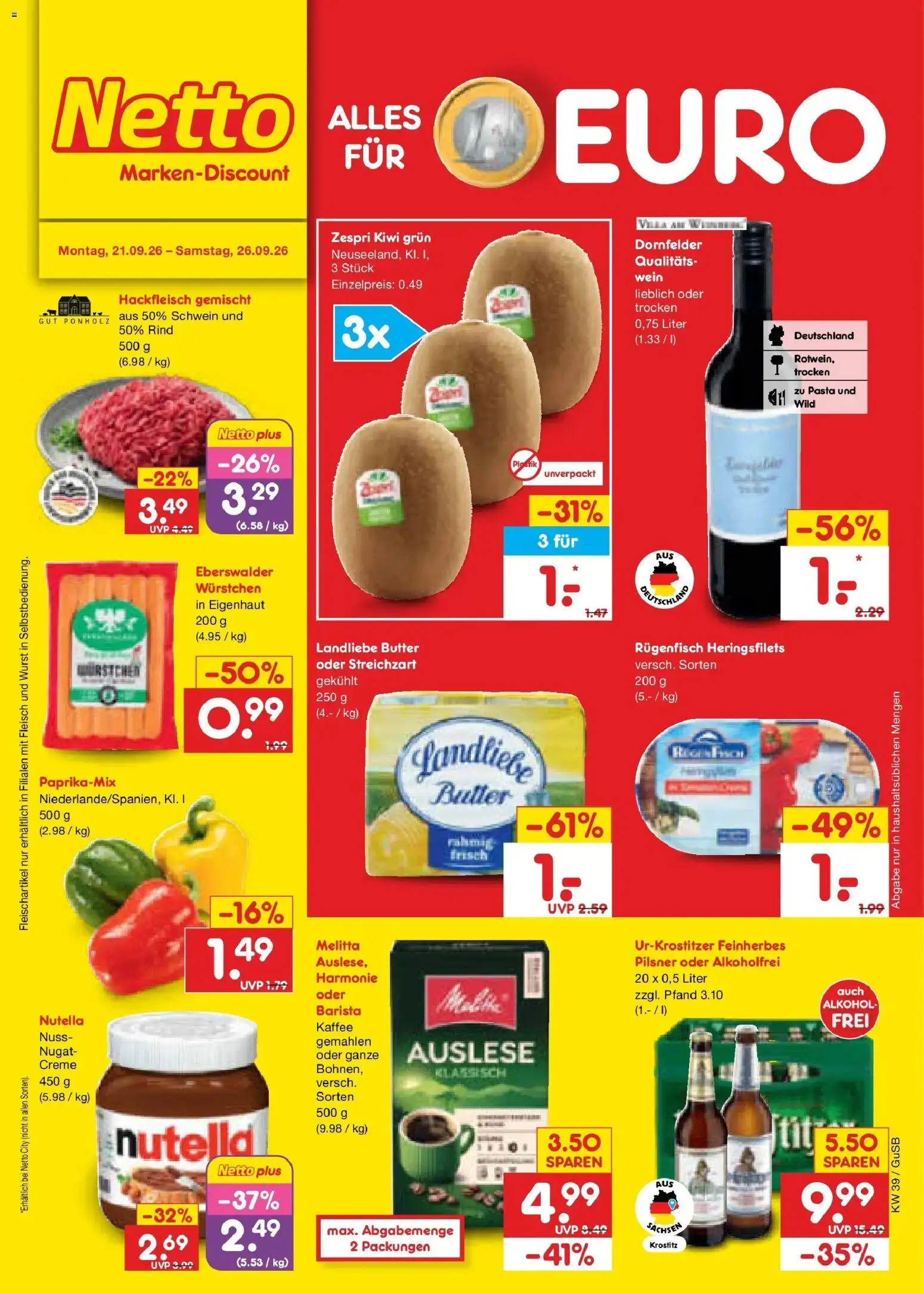 Netto Marken-Discount Prospekt Machern – gültig ab 21.09.2026 | Seite: 1 | Produkte: Melitta, Creme, Nutella, Wein
