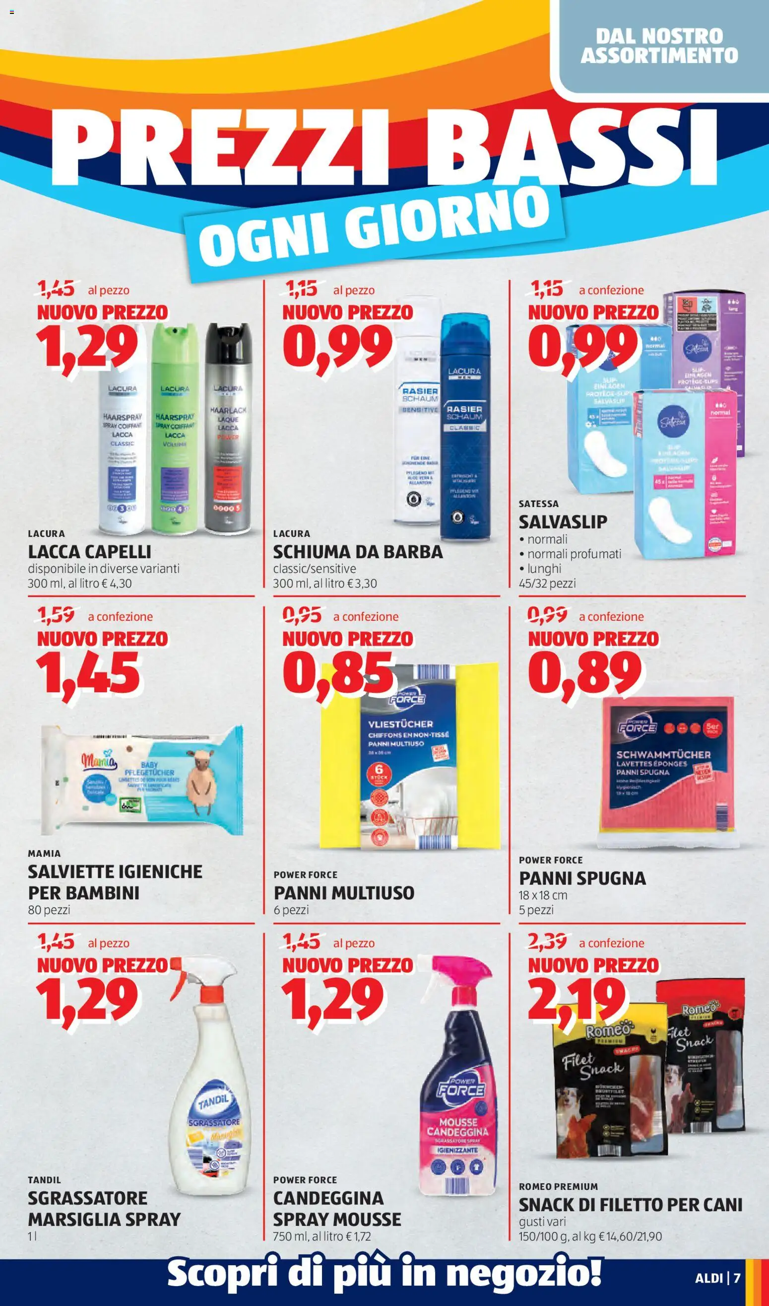 Volantino Aldi del 13.04.2026 | Pagina: 7 | Prodotti: Spugna, Candeggina, Sgrassatore, Slip