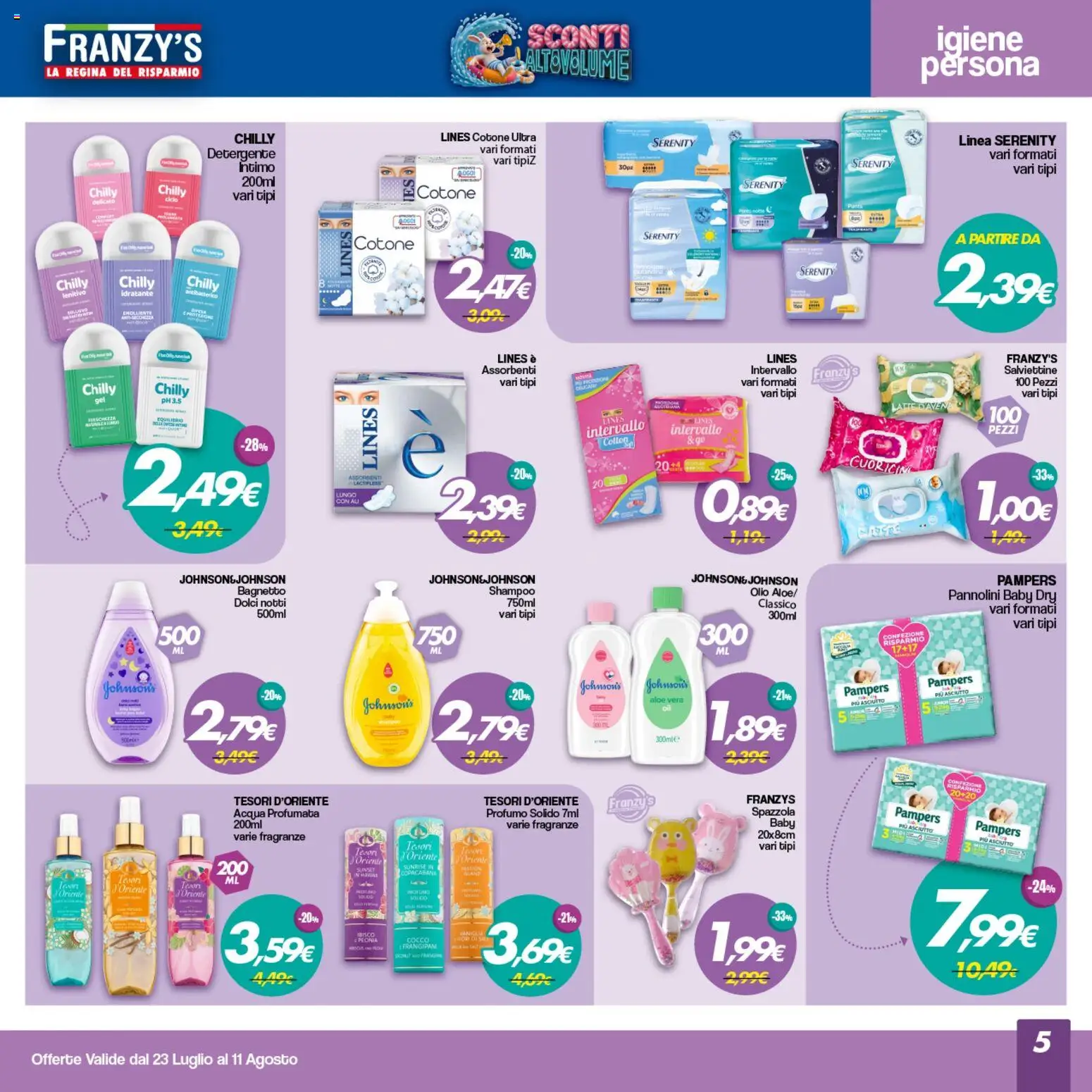 Volantino Franzy's del 23/07/2026 | Pagina: 5 | Prodotti: Detergente, Latte, Pampers, Bagnetto