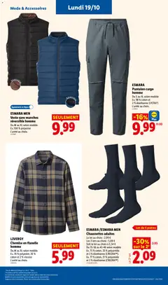 LIDL - Prévisualisation de ESMARA /ESMARA MEN, Chaussettes adultes, Le lot au choix : 2,99 €, Les 2 lots au choix : 5,08 €, Soit le lot au choix à 2,54 €, Du 35-38 au 43-46 selon modèle, Ex. 73 % coton, 25 % polyamide, et 2 % élasthanne (CREORA™)., Ex. 77 % coton, 21 % polyamide, et 2 % élasthanne (CREORA™) valide à partir de 15/10/2026 | Page: 61