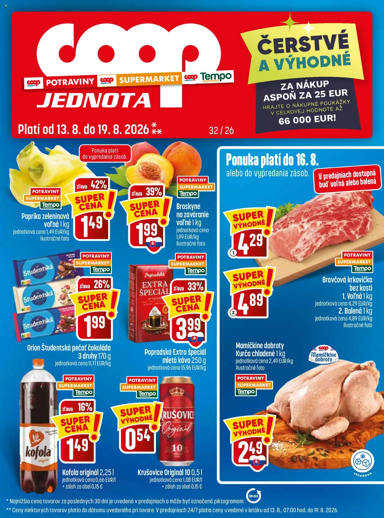 Nové COOP Jednota akcie – leták je platný od 13.08.2026 | Strana: 1 | Produkty: Káva, Bravčová krkovička, Krušovice, Broskyne
