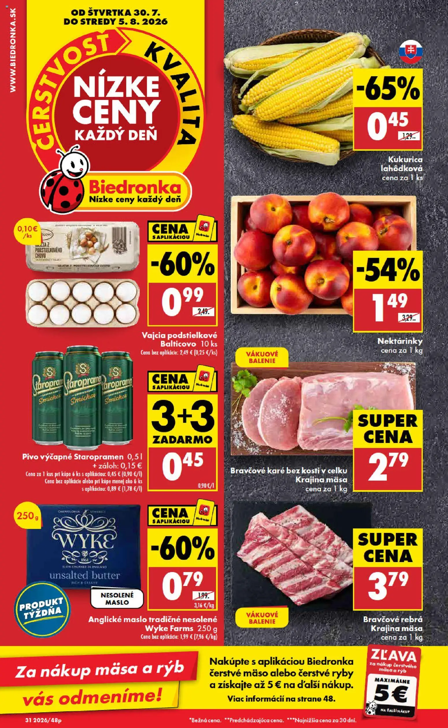 Nové Biedronka akcie – leták je platný od 30.07.2026 | Strana: 1 | Produkty: Vajcia, Staropramen, Kukurica, Bravčové karé