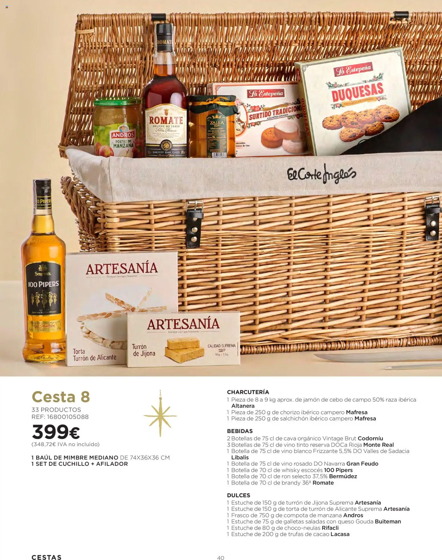 El Corte Inglés Cestas Navidad 2026 │ válido desde el 08/10/2026 | Página: 40 | Productos: Queso, Galletas, Vino blanco, Queso Gouda