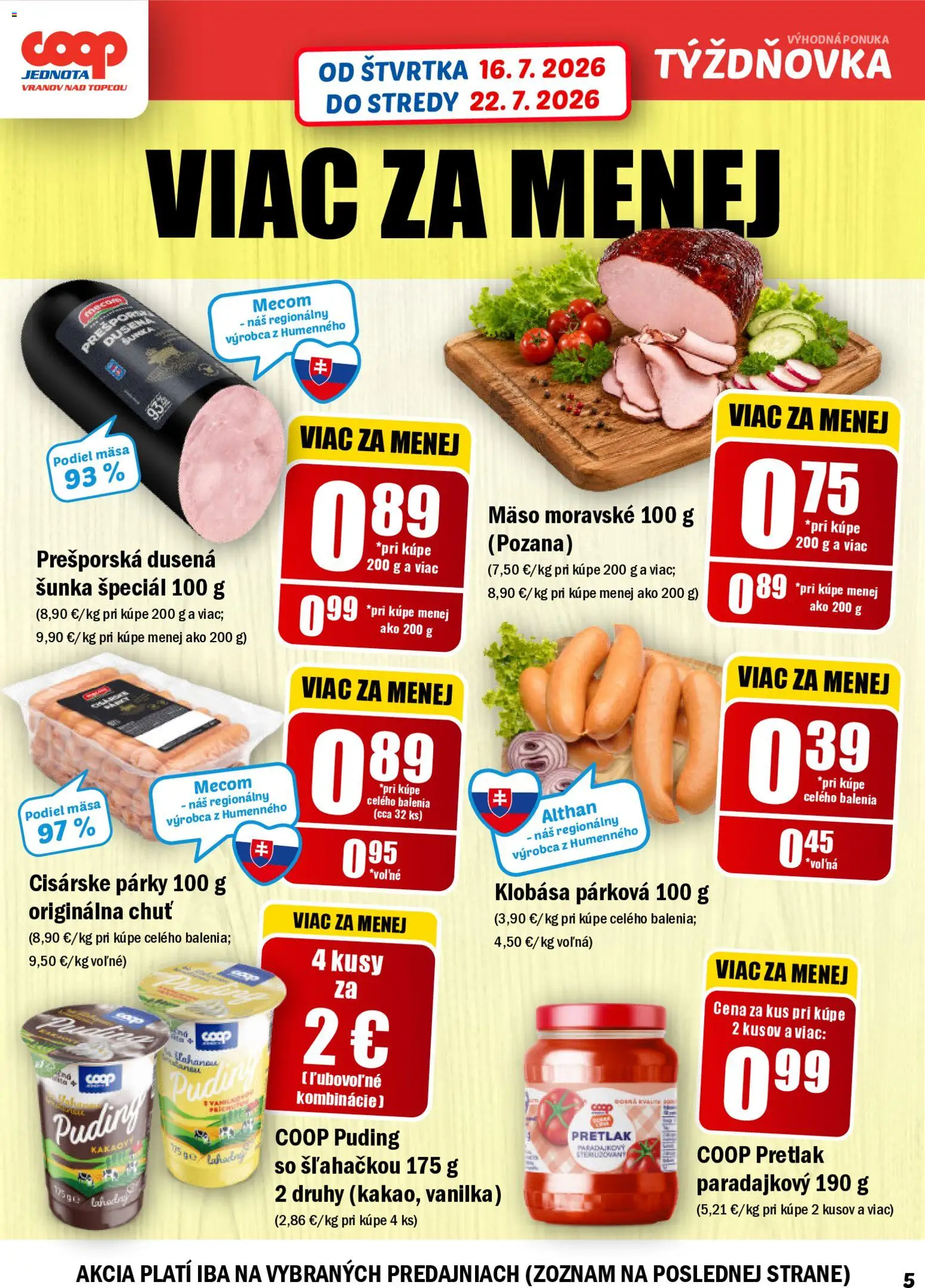 Nové COOP Jednota akcie – leták je platný od 16.07.2026 | Strana: 5 | Produkty: Šunka, Klobása, Puding, Párky