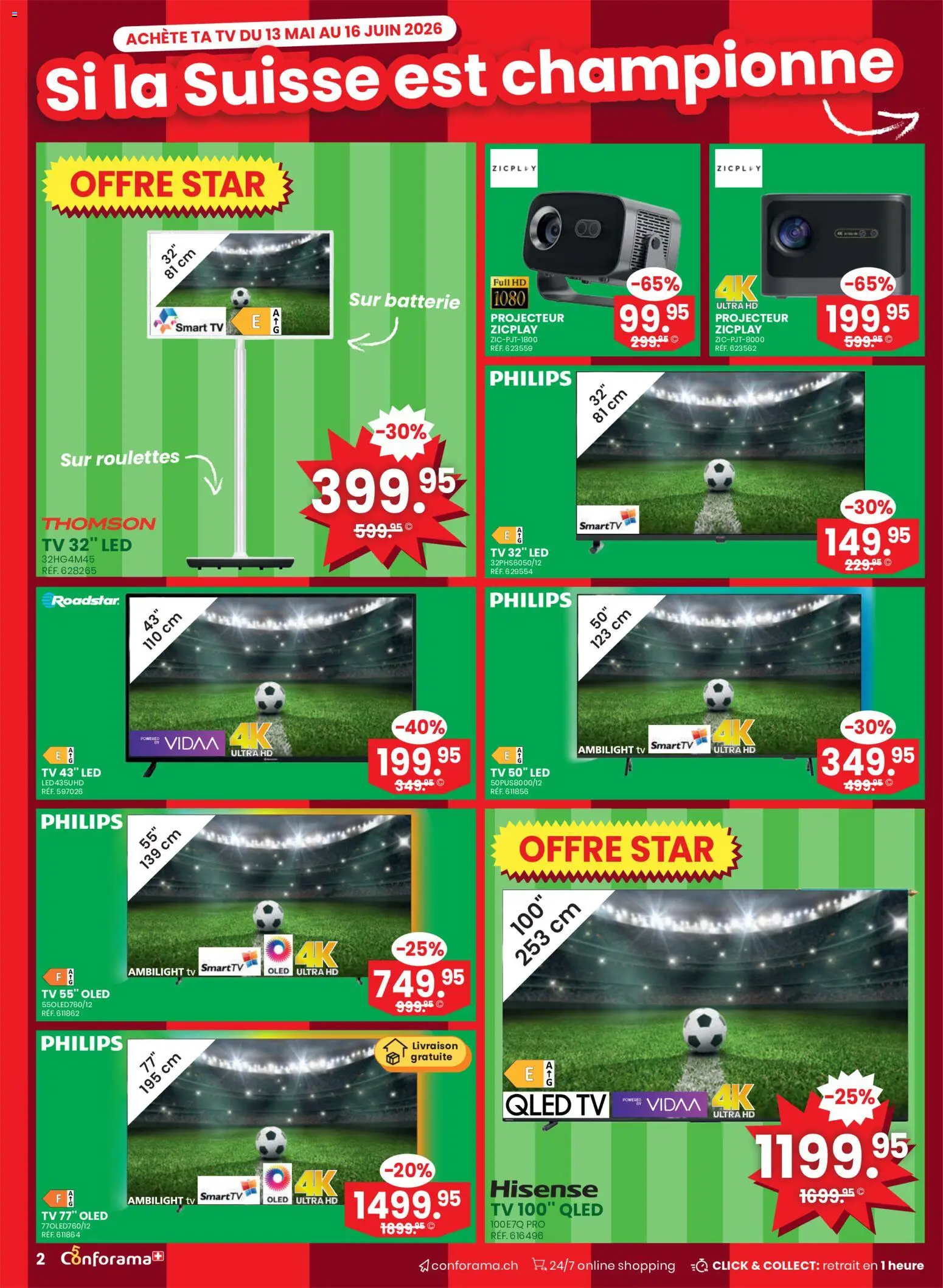 Conforama aktionen FR – gültig ab 03.06.2026 | Seite: 2 | Produkte: Batterie, TV, Philips, Hisense