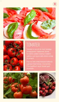 TOMATER, Tomater er en af de mest alsidige smagsgivere i køkkenet, kendt for deres unikke balance mellem sødme, syre og en dyb, intens smag af umami. Prøv en helt enkel klassisk italiensk caprese med tomat, mozzarella, frisk basilikum og et skvæt god olivenolie. gyldig fra 01.05.2026 | Side: 6 | Produkter: Tomater, Basilikum