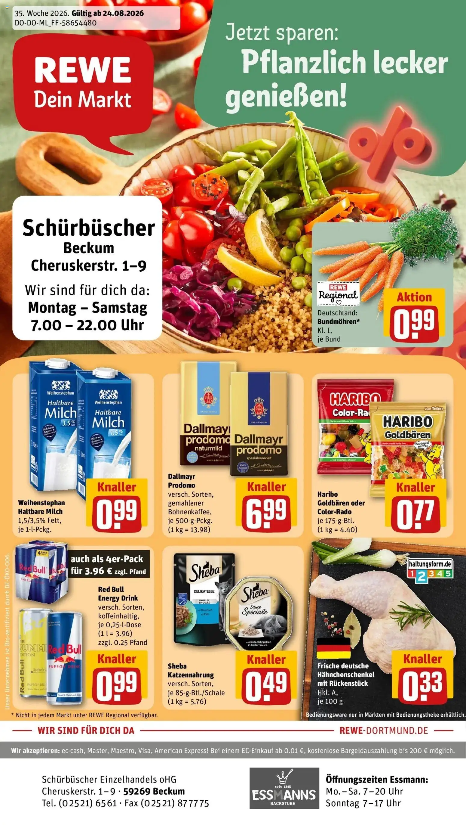 REWE Prospekt ab 24.08.2026 zum Blättern » Angebote | Seite: 1 | Produkte: Haribo, Hahnchenschenkel, Energy, Haltbare milch