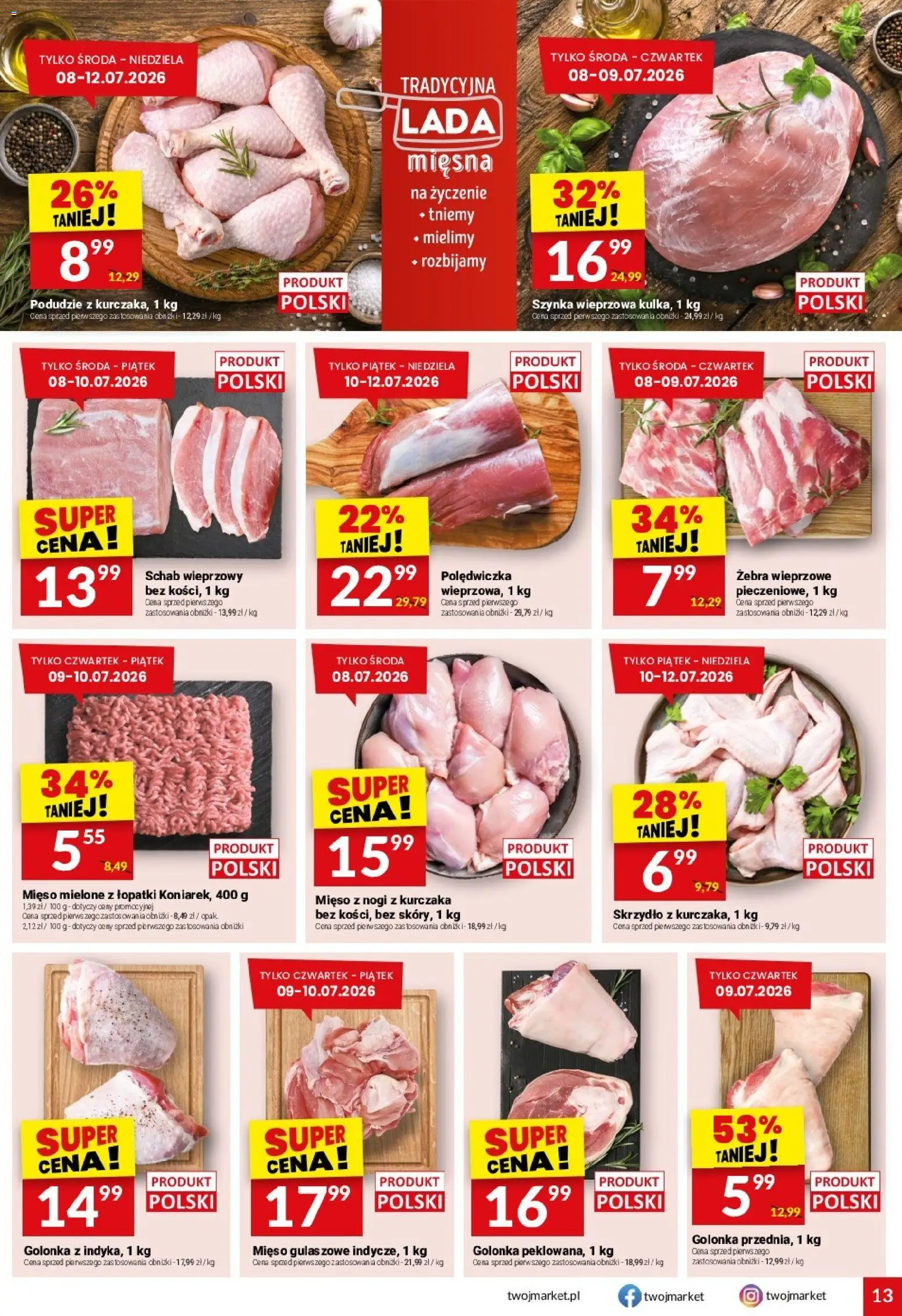 Twój Market gazetka od 08.07.2026 | Strona: 13 | Produkty: Schab wieprzowy, Szynka wieprzowa, Mięso mielone, Szynka