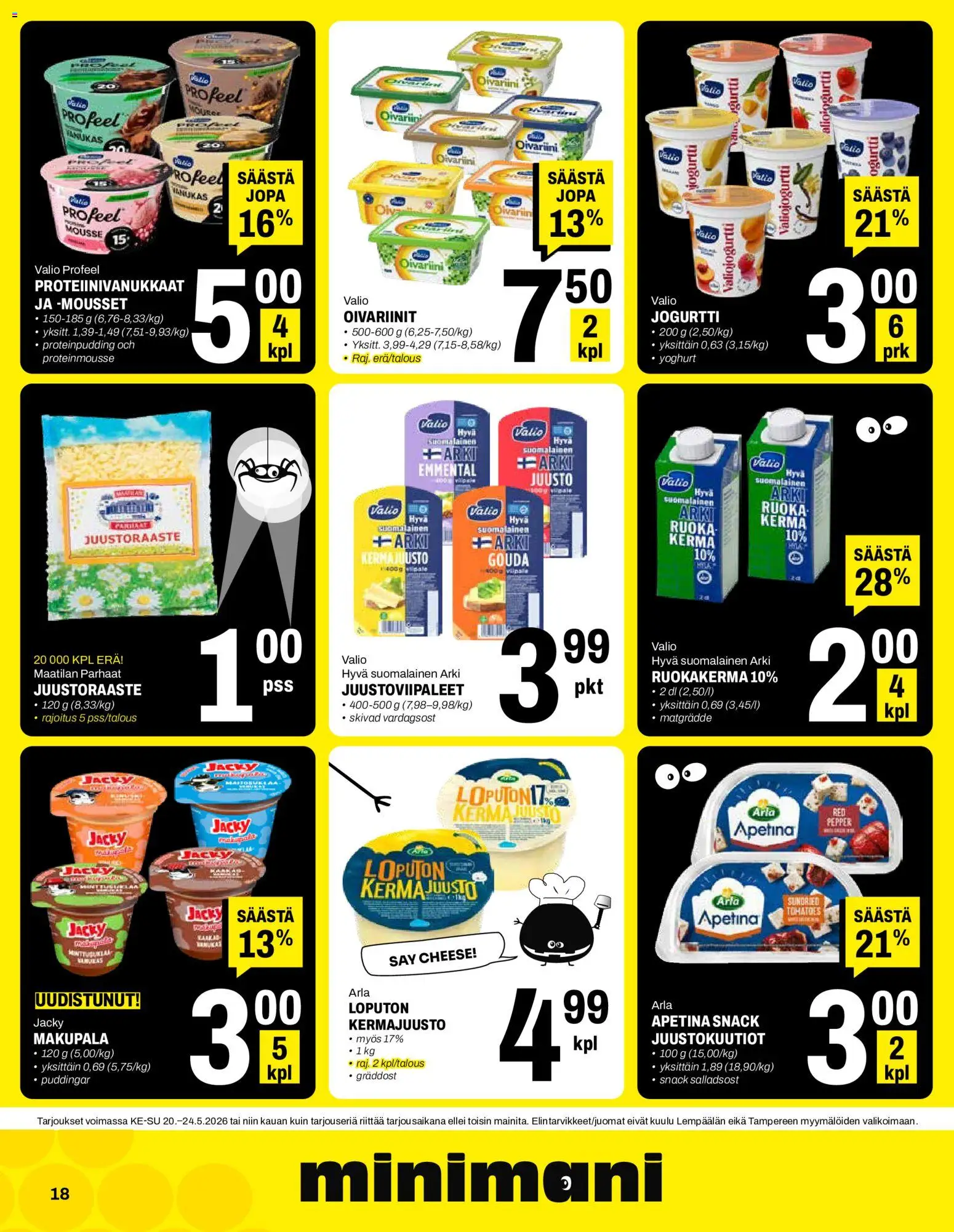 Minimani tarjoukset – voimassa 20.05.2026 alkaen | Sivu: 18 | Tuotteet: Juustoraaste, Emmental, Juusto, Kerma
