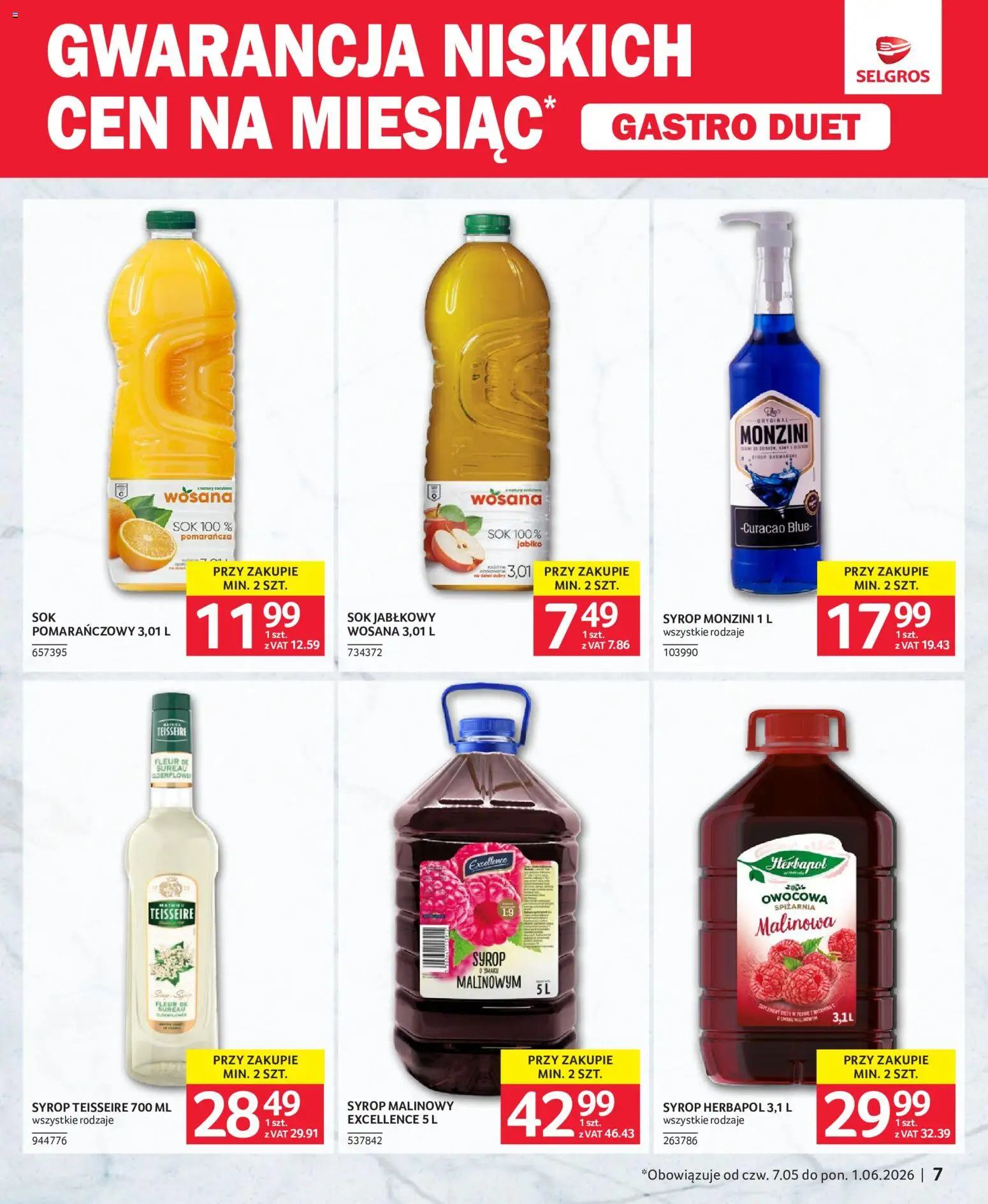 Selgros cash&carry gazetka - Gastro Duet od 07.05.2026 | Strona: 7 | Produkty: Syrop, Syrop malinowy, Sok jabłkowy, Sok