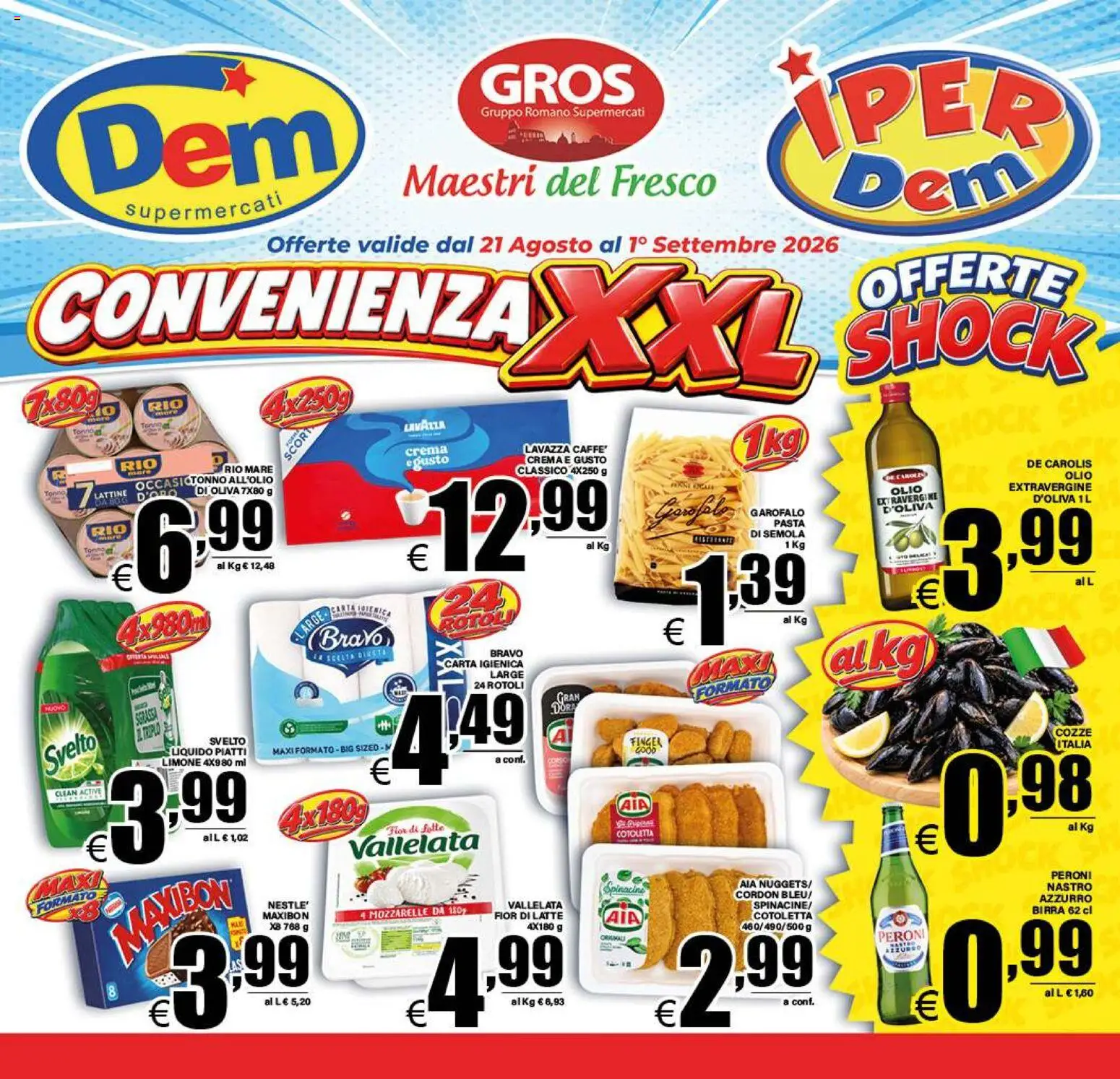 Volantino DEM del 21/08/2026 | Pagina: 1 | Prodotti: Birra, Garofalo, Cozze, Semola