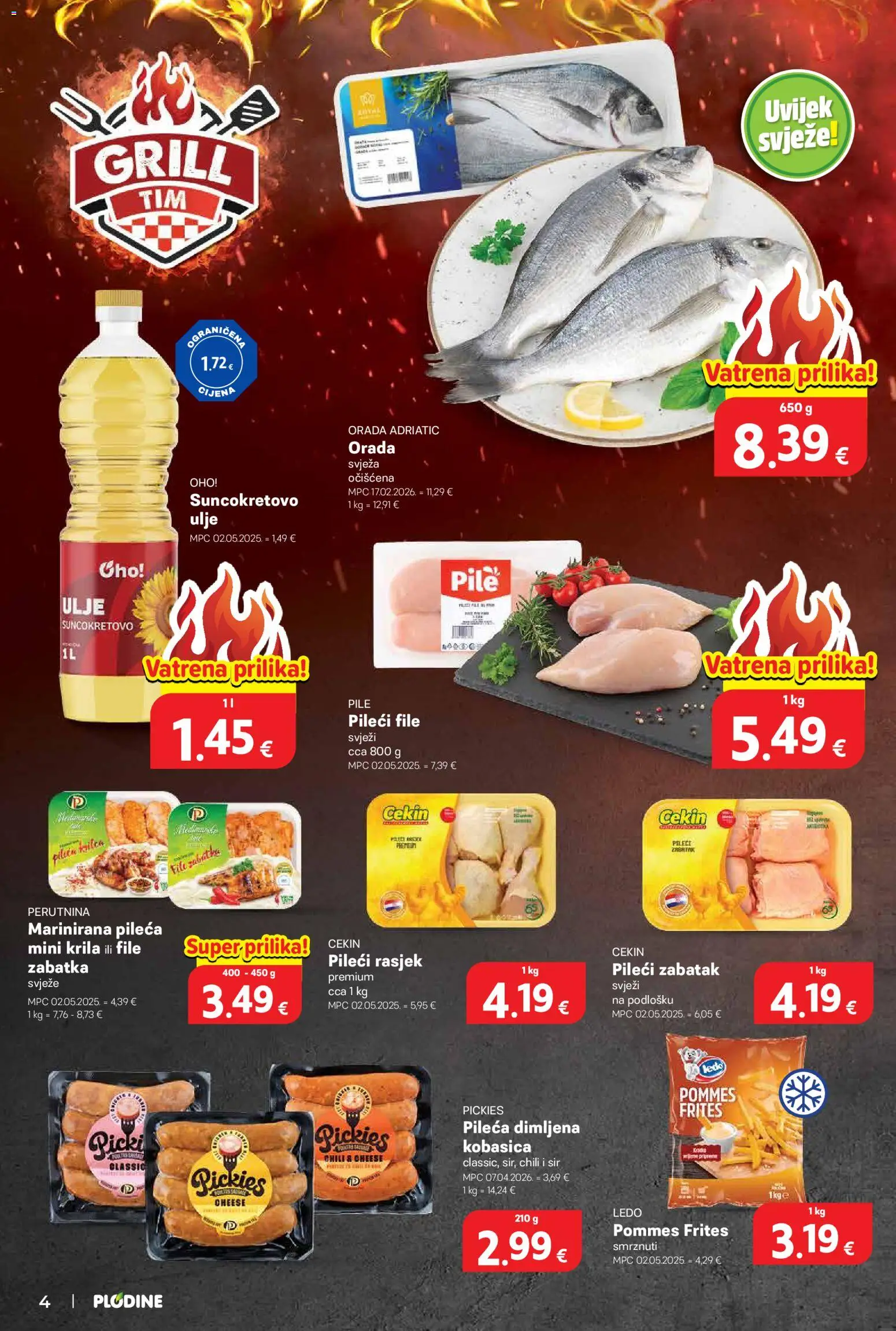 Plodine katalog | vrijedi od 27.05.2026 | Stranica: 4 | Proizvodi: Sir, Pommes frites, Ulje, Kobasica