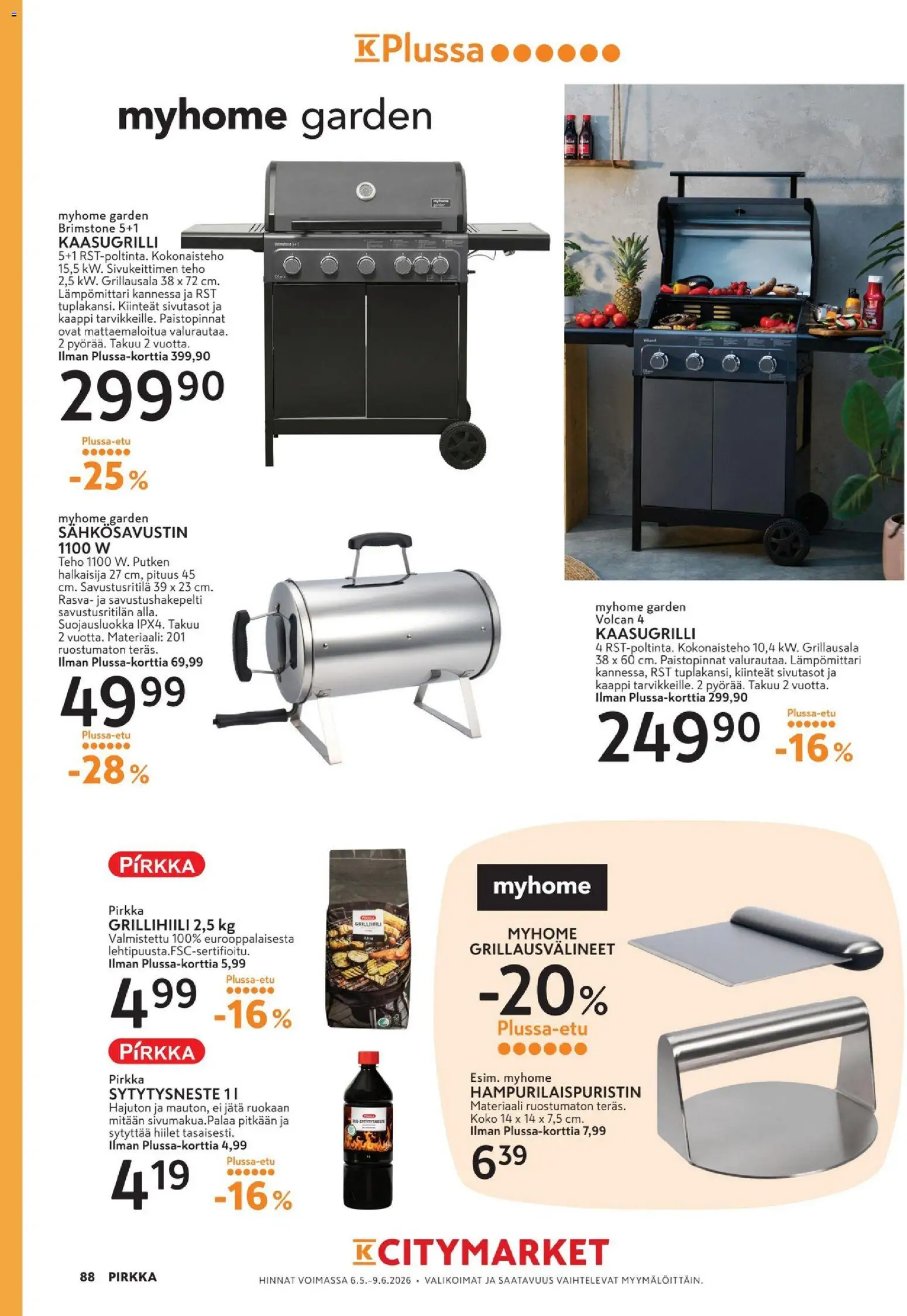 K-Citymarket tarjoukset - Pirkka – voimassa 06.05.2026 alkaen | Sivu: 88 | Tuotteet: Lämpömittari, Kaasugrilli, Kaappi, Hiilet