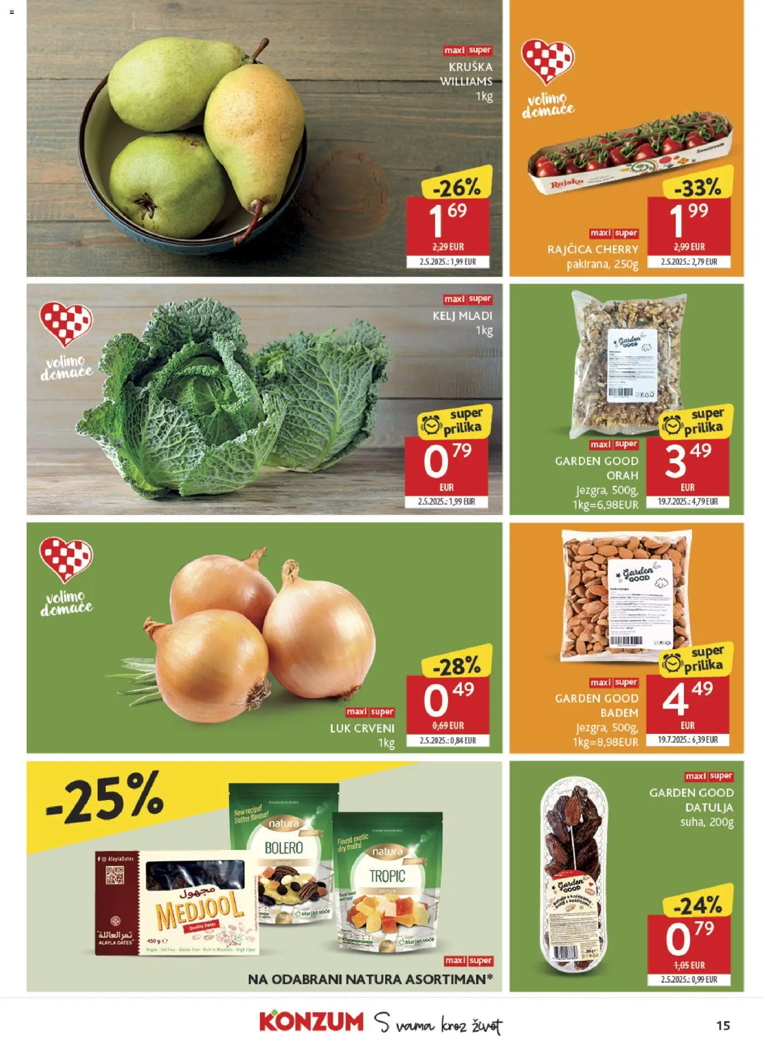 Konzum katalog | vrijedi od 08.07.2026 | Stranica: 15 | Proizvodi: Badem, Kruška, Datulja, Rajčica