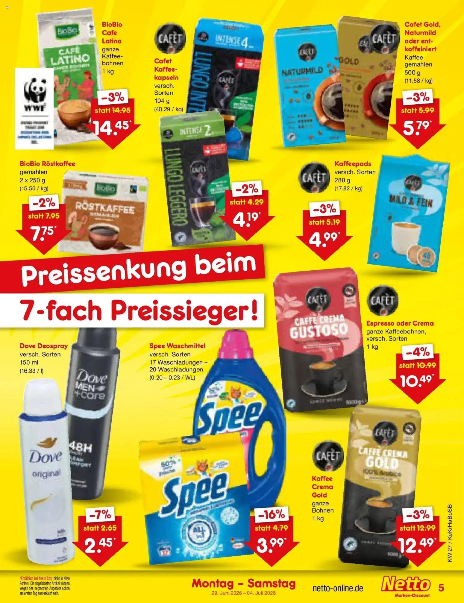 Netto Marken-Discount Prospekt Jüchen – gültig ab 29.06.2026 | Seite: 5 | Produkte: Kaffeepads, Spee, Waschmittel, Deospray