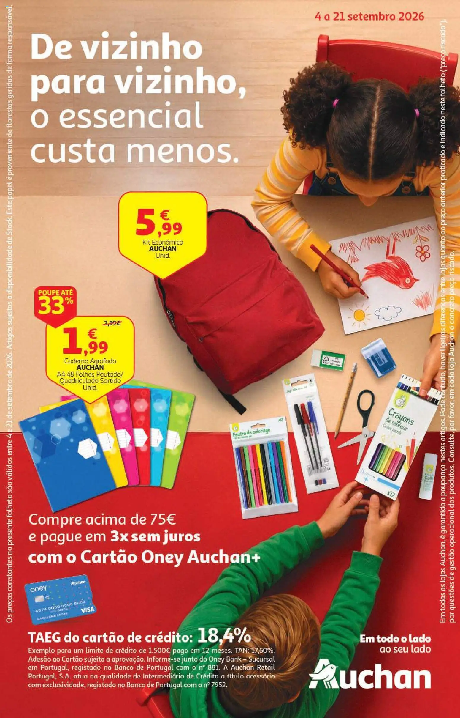 Auchan - Folheto Escolar  Têxtil Criança │ válido de 04/09/2026 | Página: 1 | Produtos: Caderno, Banco