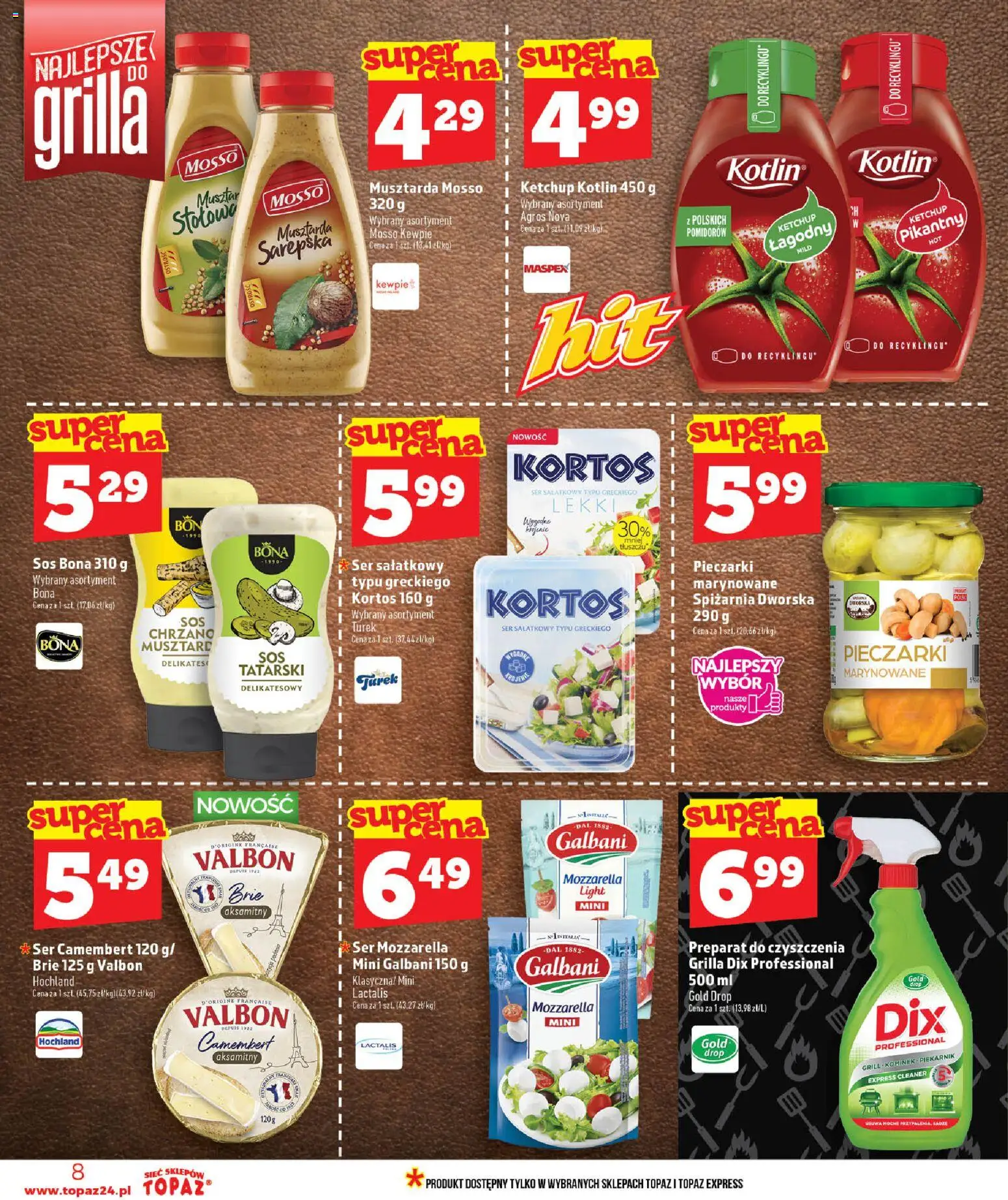 Topaz gazetka - MAZ od 18.06.2026 | Strona: 8 | Produkty: Pieczarki, Ser camembert, Mozzarella, Sos