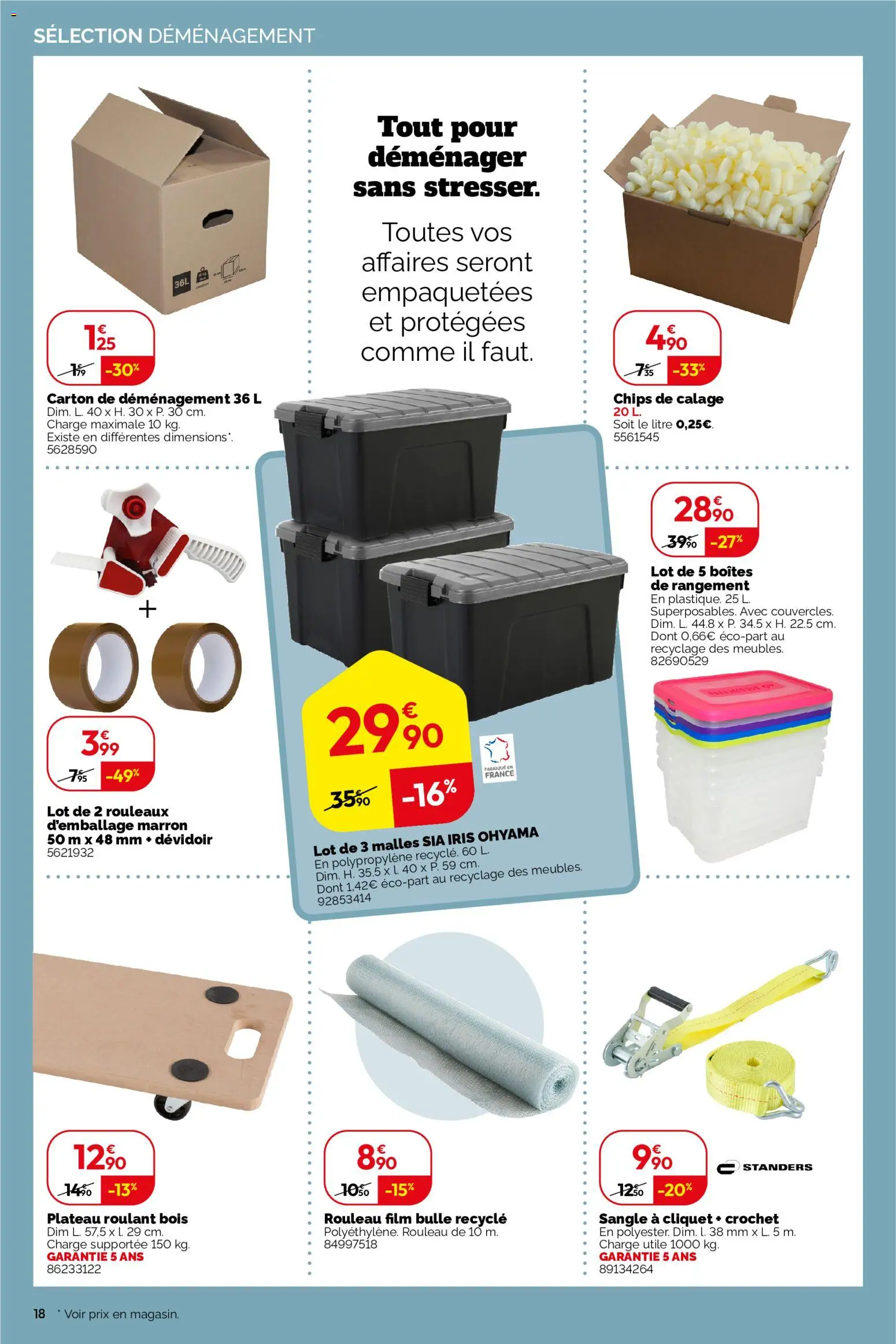 {H1} | Page: 18 | Produits: Plateau, Carton de déménagement, Rouleau, Chips