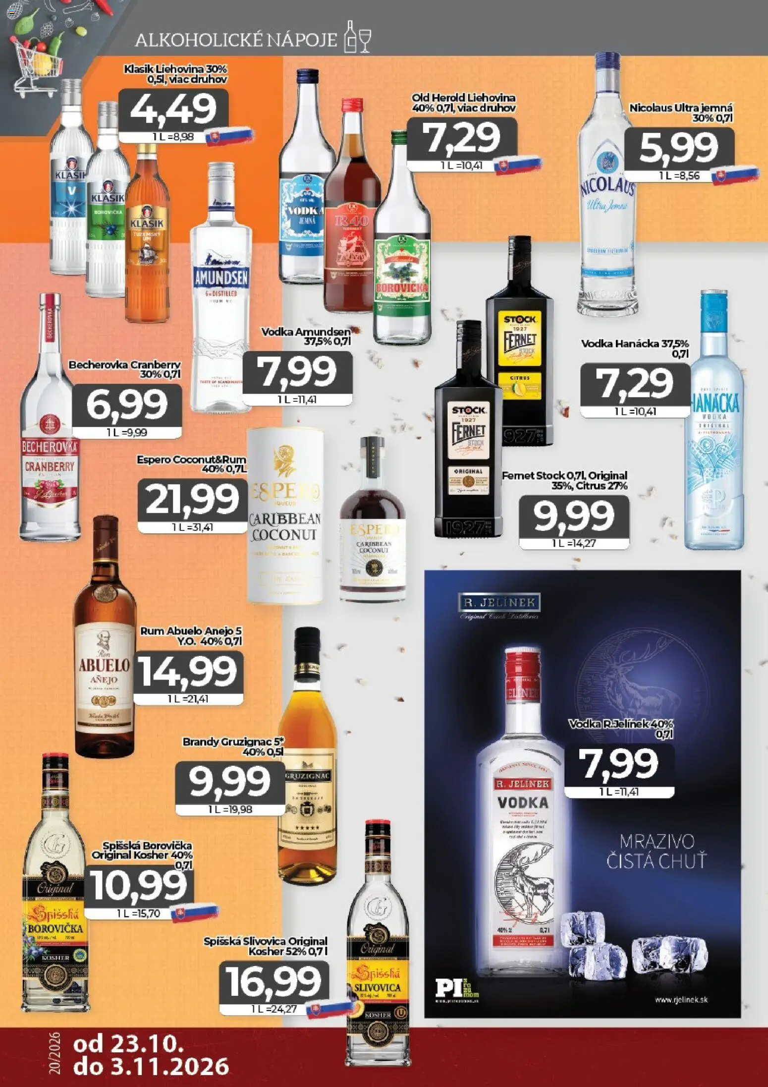 Nové CBA Komfos akcie – leták je platný od 23.10.2026 | Strana: 14 | Produkty: Borovička, Slivovica, Brandy, Rum