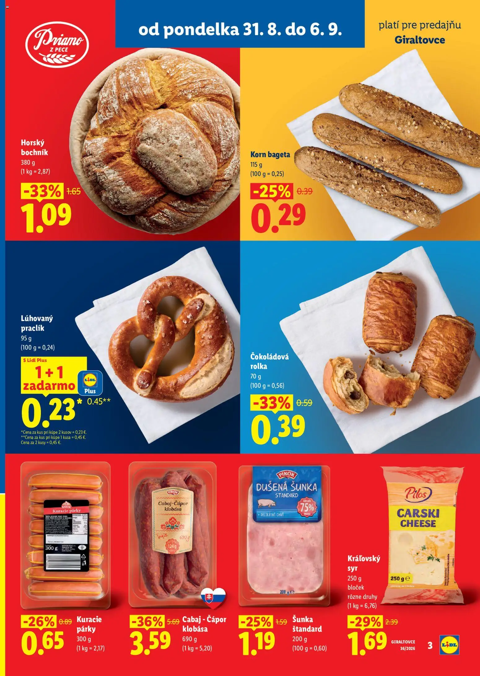 Nové Lidl akcie – leták je platný od 31.08.2026 | Strana: 3 | Produkty: Syr, Klobása, Bageta, Párky