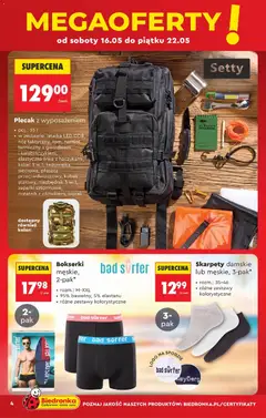 Pogląd oferty "Biedronka gazetka - Hity i inspiracje" - ważna od 16.05.2026 | Strona: 4 | Produkty: Płaszcz, Bokserki, Skarpety damskie, Notebook