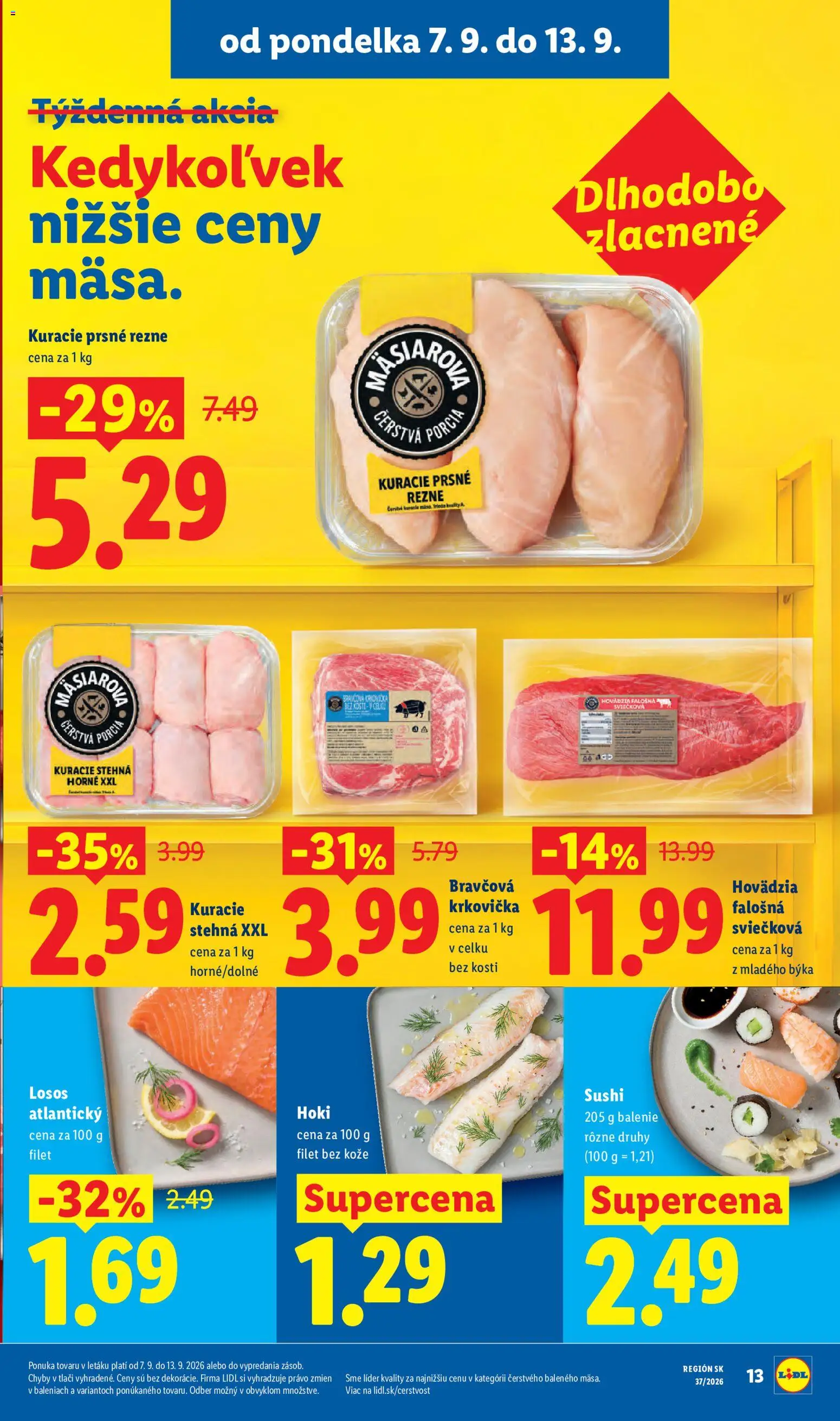 Nové Lidl akcie – leták je platný od 07.09.2026 | Strana: 15 | Produkty: Kuracie stehná, Losos, Kuracie prsné rezne, Stehná