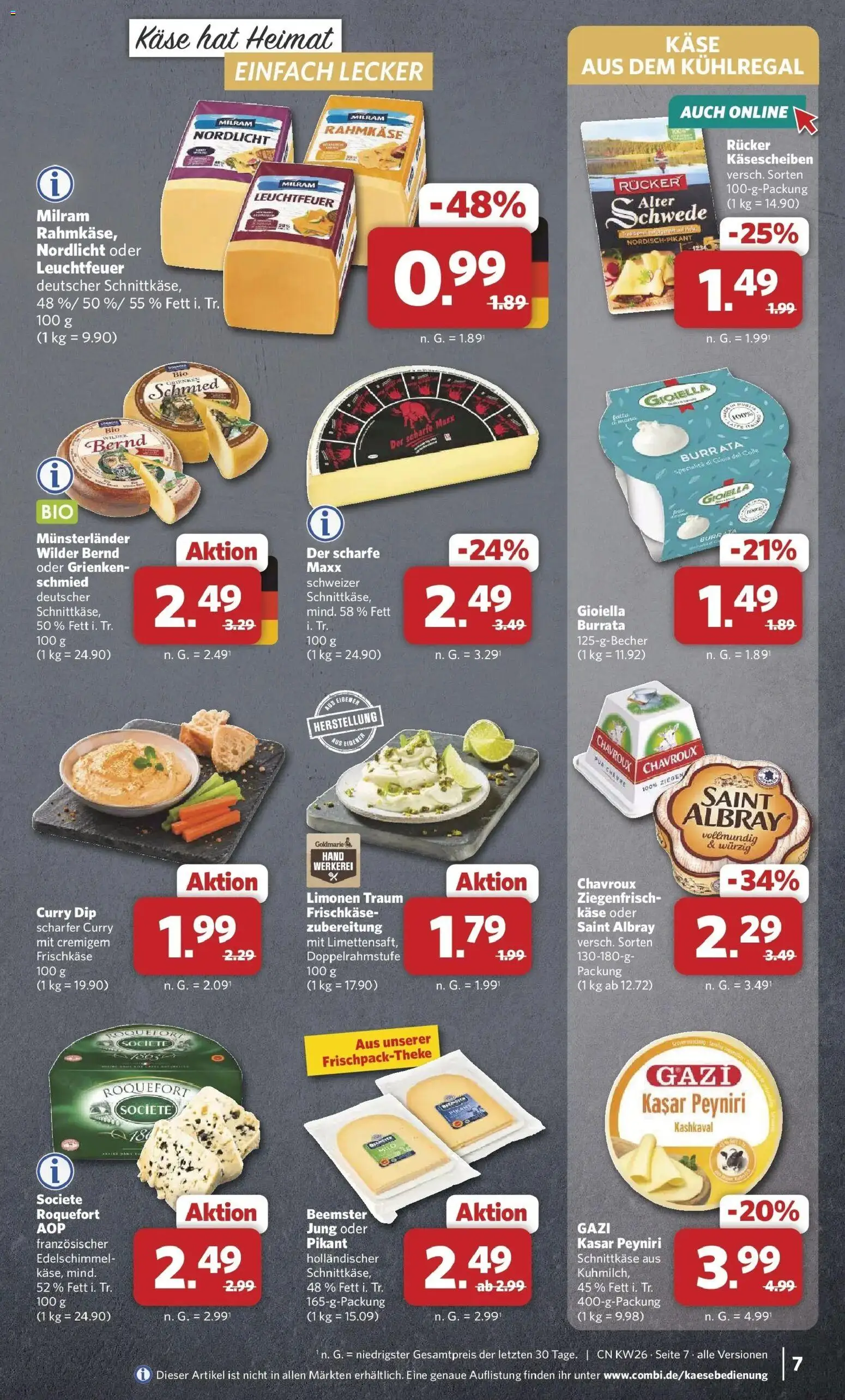 Combi Prospekt Celle – gültig ab 22.06.2026 | Seite: 7 | Produkte: Käse, Burrata, Milram, Frischkase
