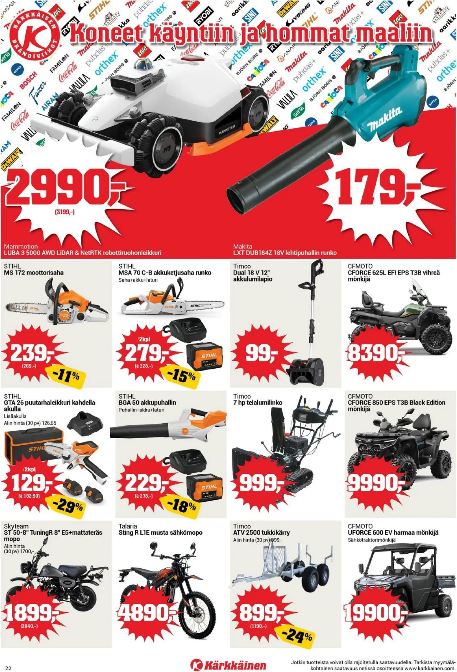Kärkkäinen tarjoukset – voimassa 16/09/2026 alkaen | Sivu: 22 | Tuotteet: Robottiruohonleikkuri, Moottorisaha, Coca cola, Lehtipuhallin