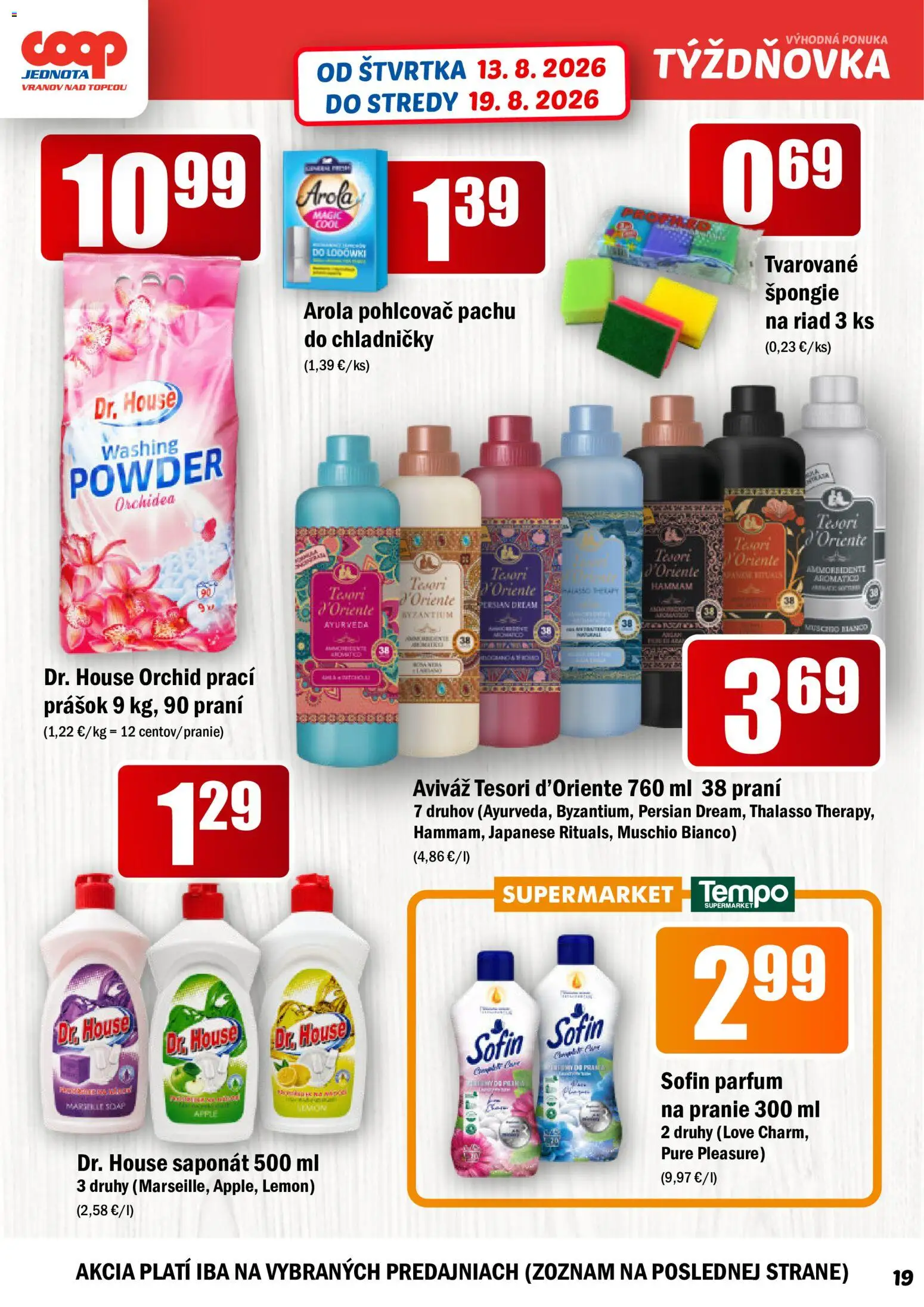 Nové COOP Jednota akcie – leták je platný od 13.08.2026 | Strana: 19 | Produkty: Prací prášok, Apple, Aviváž, Orchidea