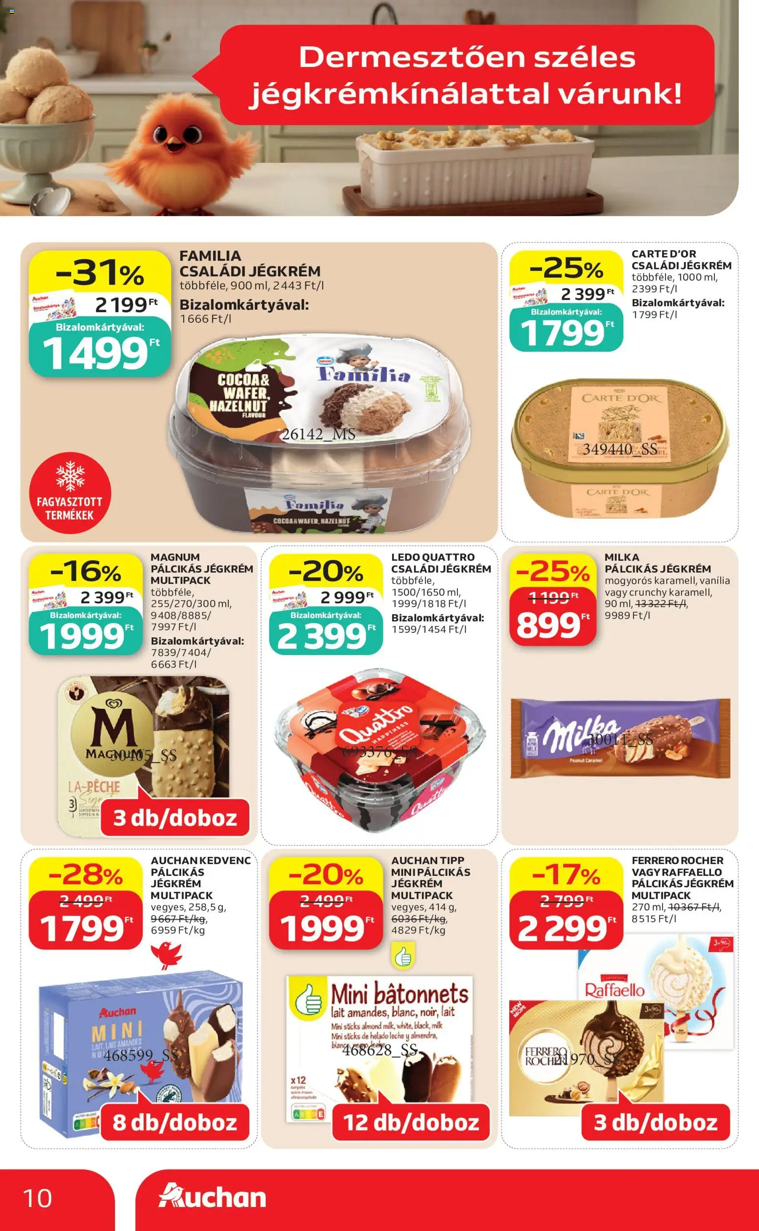 Auchan akciós ujság - amely érvényes a következő dátumtól: 21.05.2026 | Oldal: 10 | Termékek: Magnum, Raffaello, Ferrero rocher, Pálcikás jégkrém