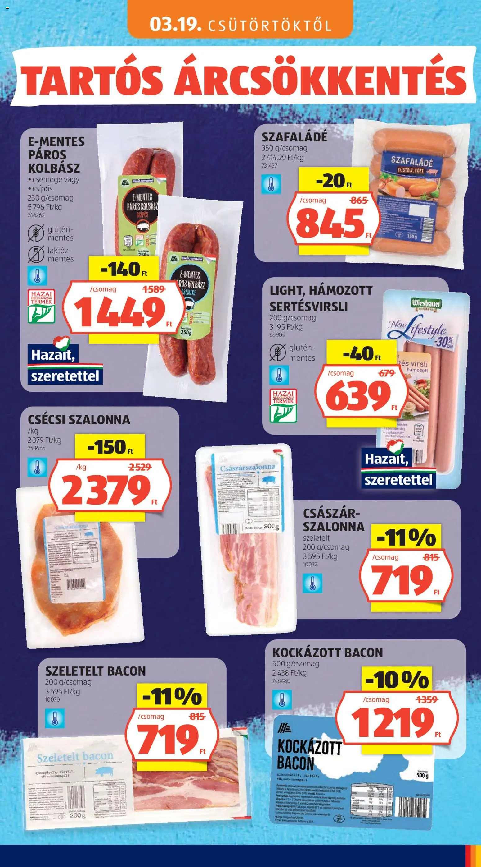 Aldi akciós ujság - amely érvényes a következő dátumtól: 03.05.2026 | Oldal: 59 | Termékek: Virsli, Kolbász, Szeletelt bacon, Bacon