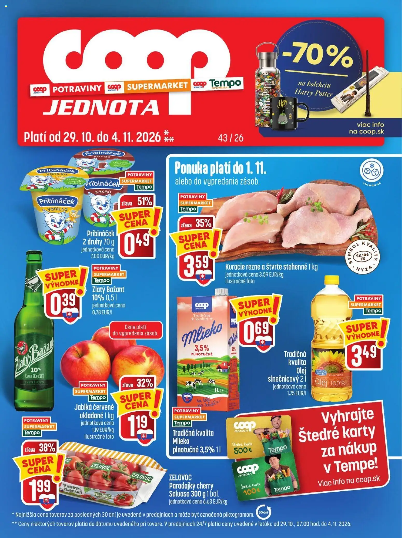 Nové COOP Jednota akcie – leták je platný od 29.10.2026 | Strana: 1 | Produkty: Pivo, Olej, Jablká, Paradajky