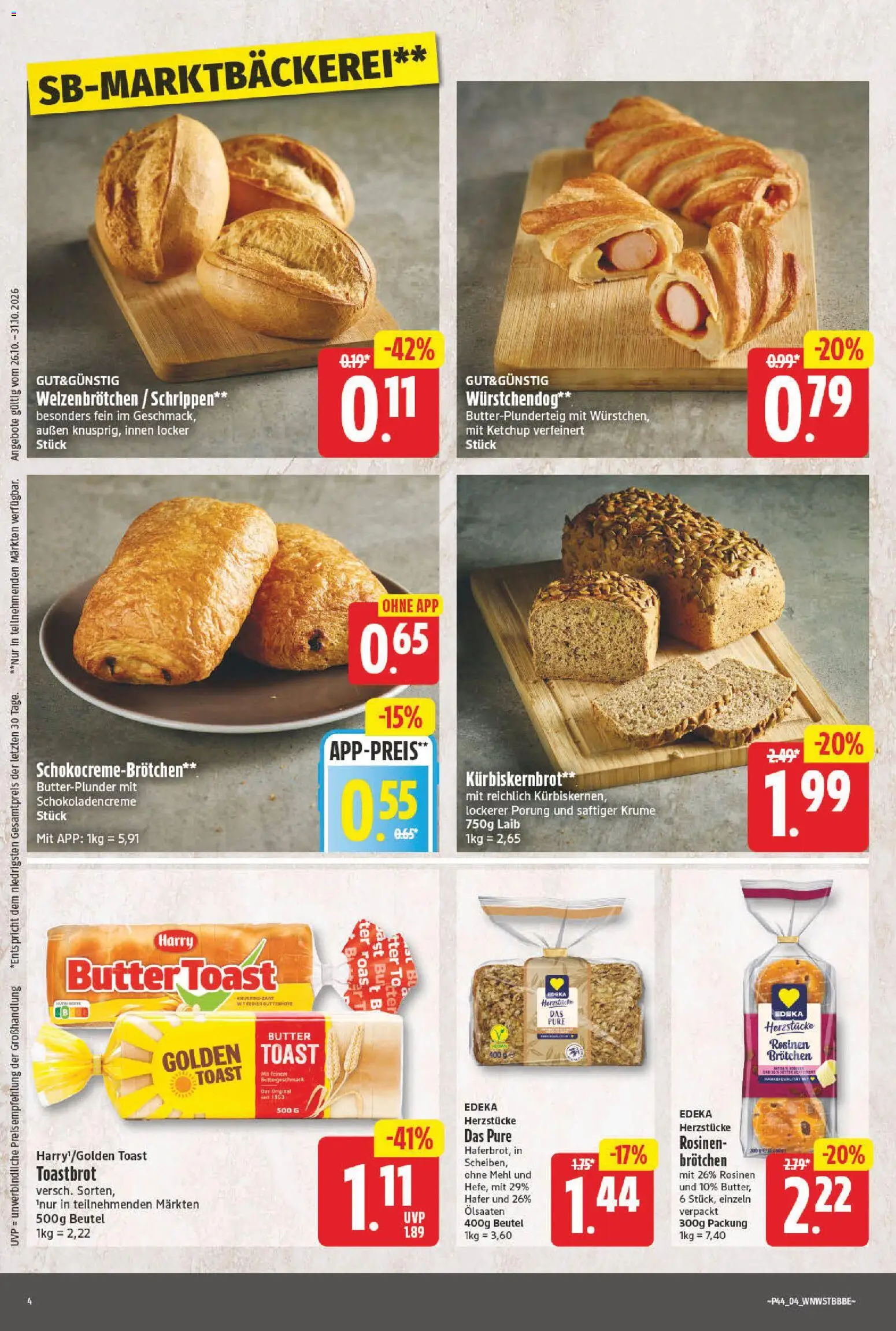 NP Discount Prospekt – gültig ab 26.10.2026 | Seite: 4 | Produkte: Mehl, Butter, Toastbrot, Rosinen