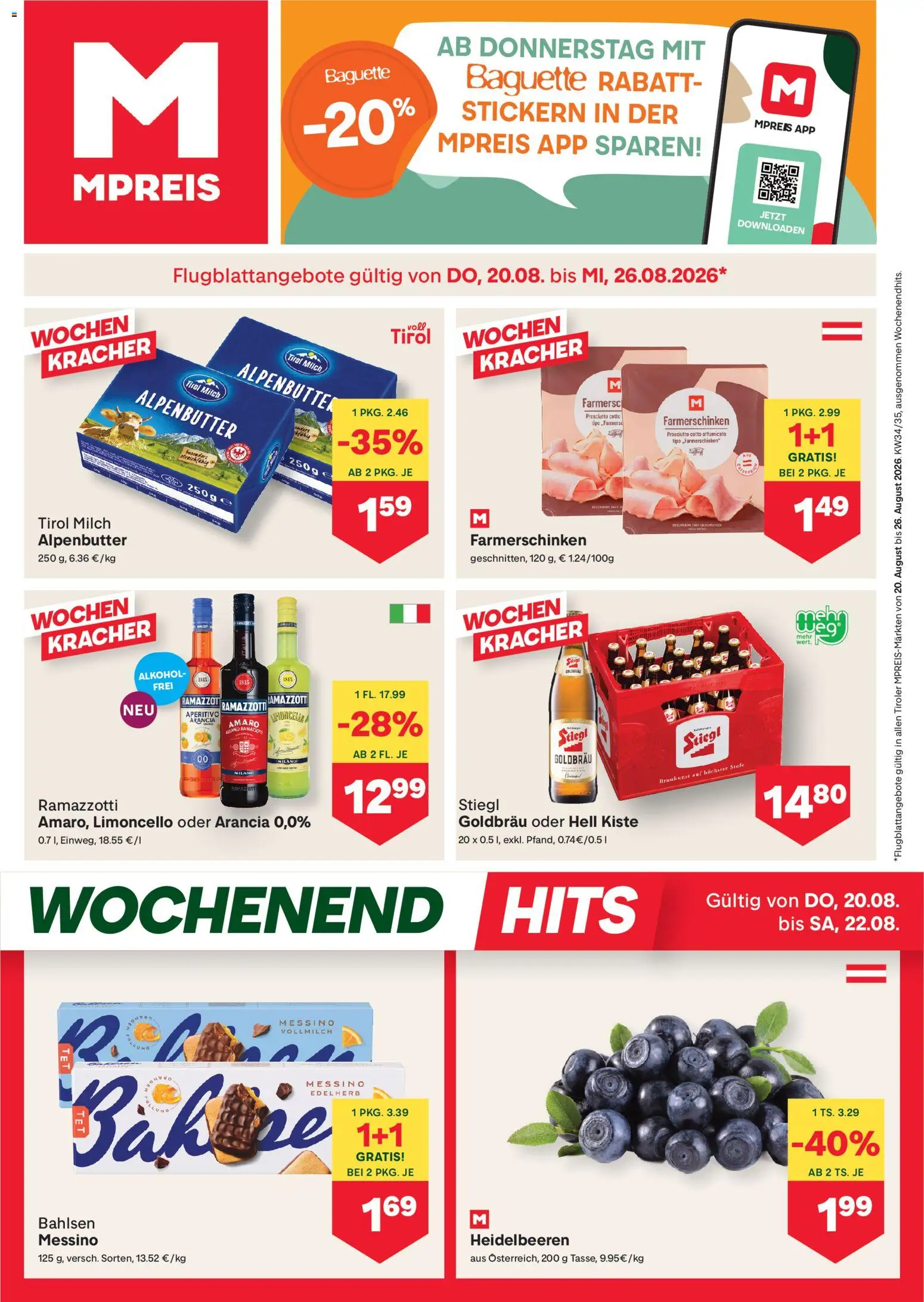 MPREIS Flugblatt gültig ab 20.08.2026 | Seite: 1 | Produkte: Baguette, Vollmilch, Milch