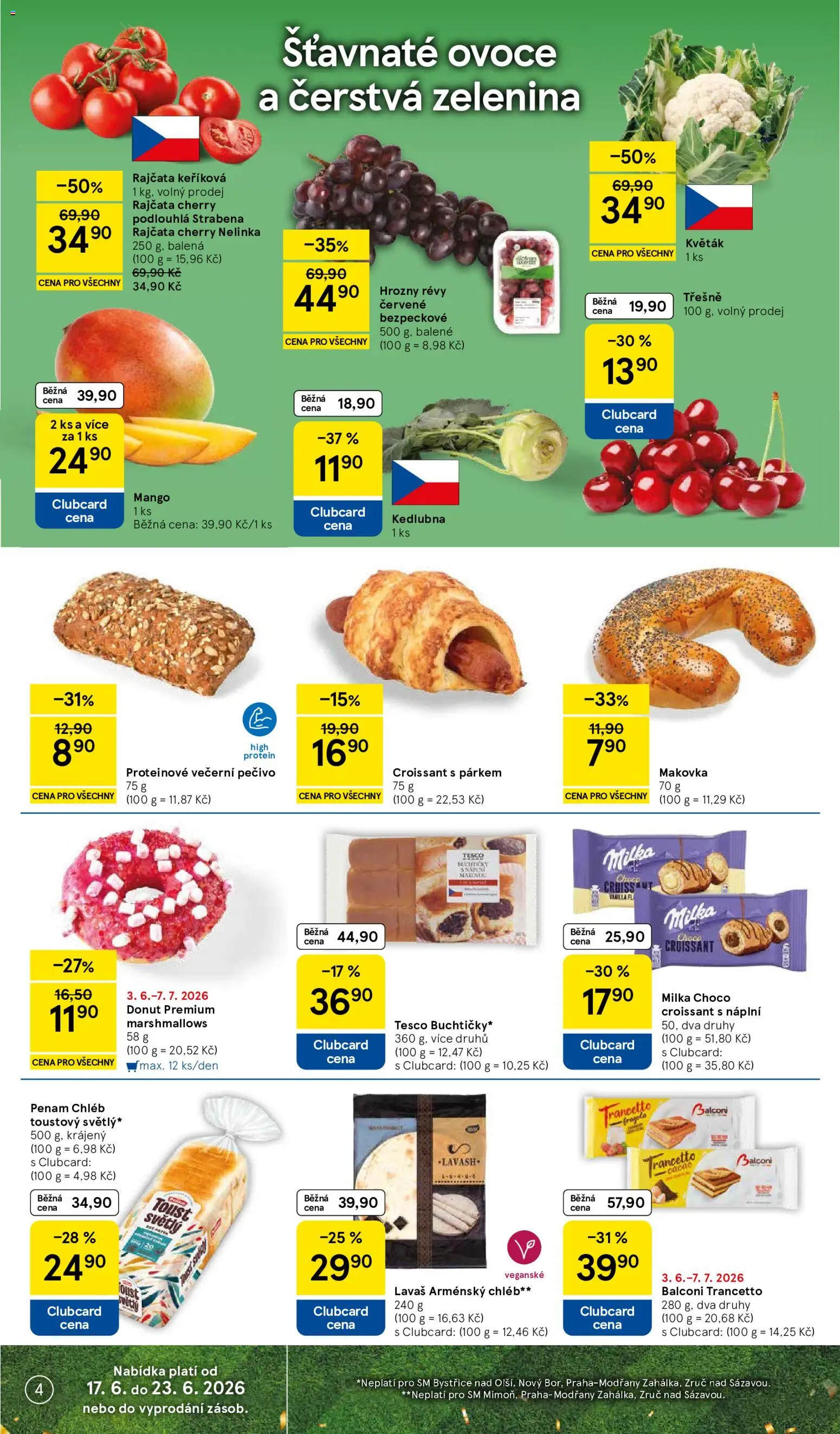 Tesco leták - Supermarket od 17.06.2026 | Strana: 4 | Produkty: Ovoce, Mango, Třešně, Pečivo