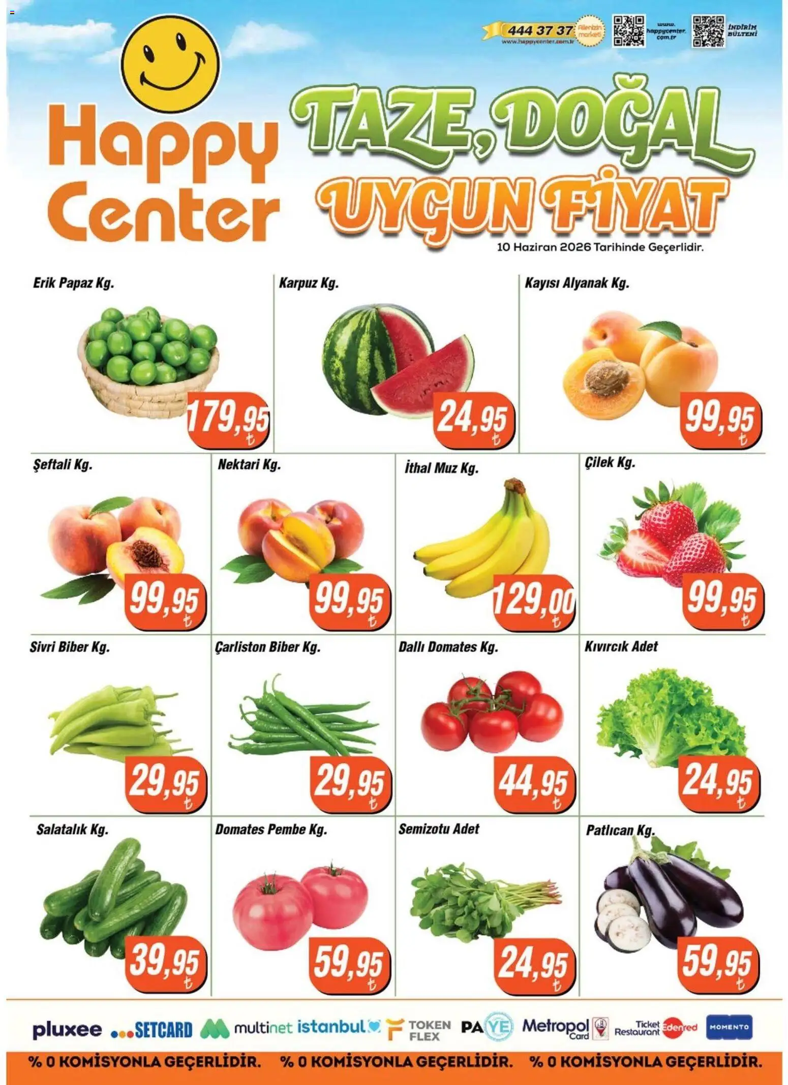 Happy Center - Manav - 10.06.2026 tarihinden itibaren geçerlidir | Sayfa: 1 | Ürünler: Muz, Salatalık, Kayısı, Patlıcan