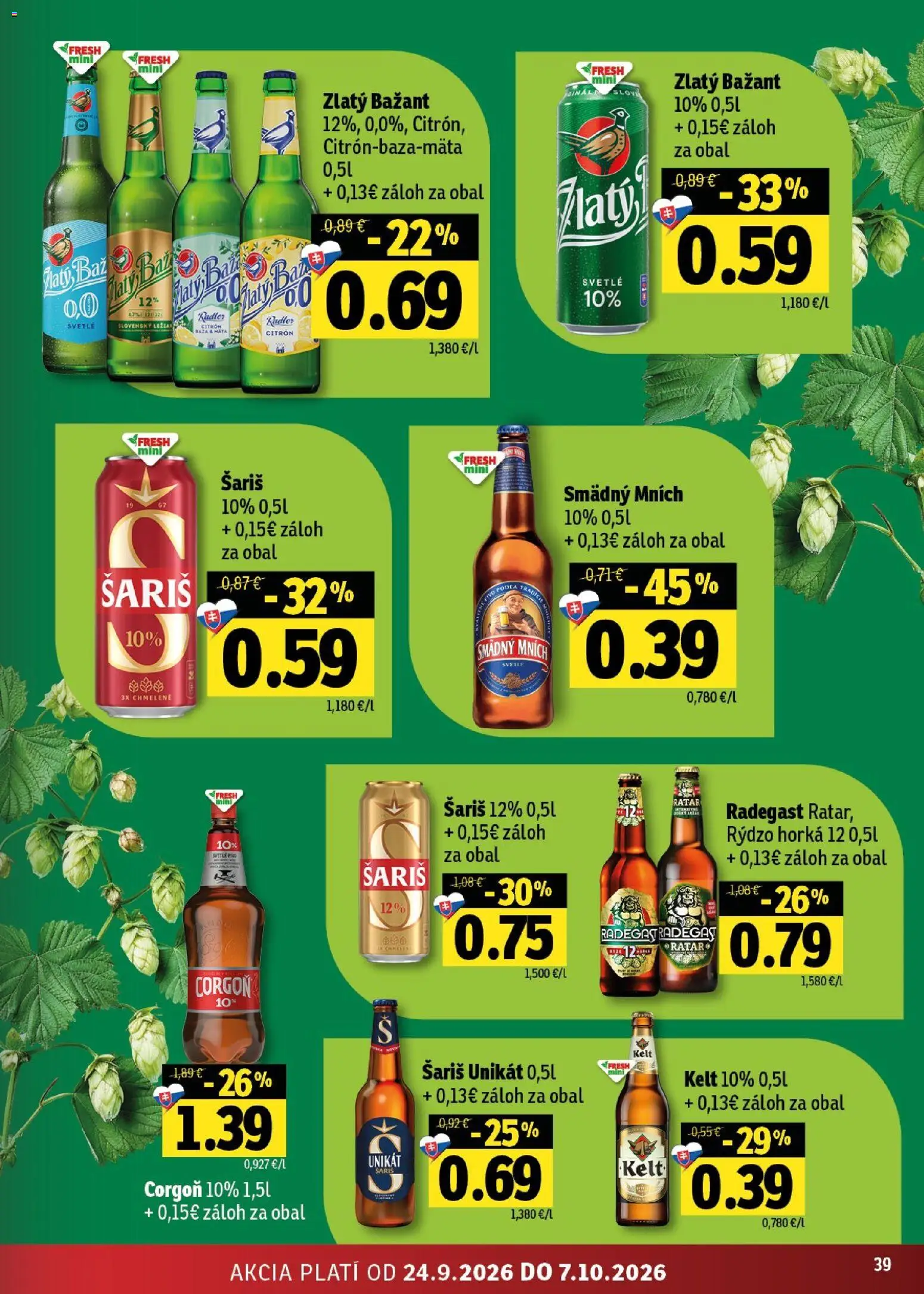 Nové Fresh akcie – leták je platný od 24.09.2026 | Strana: 39 | Produkty: Pivo, Kelt, Radler, Zlatý Bažant
